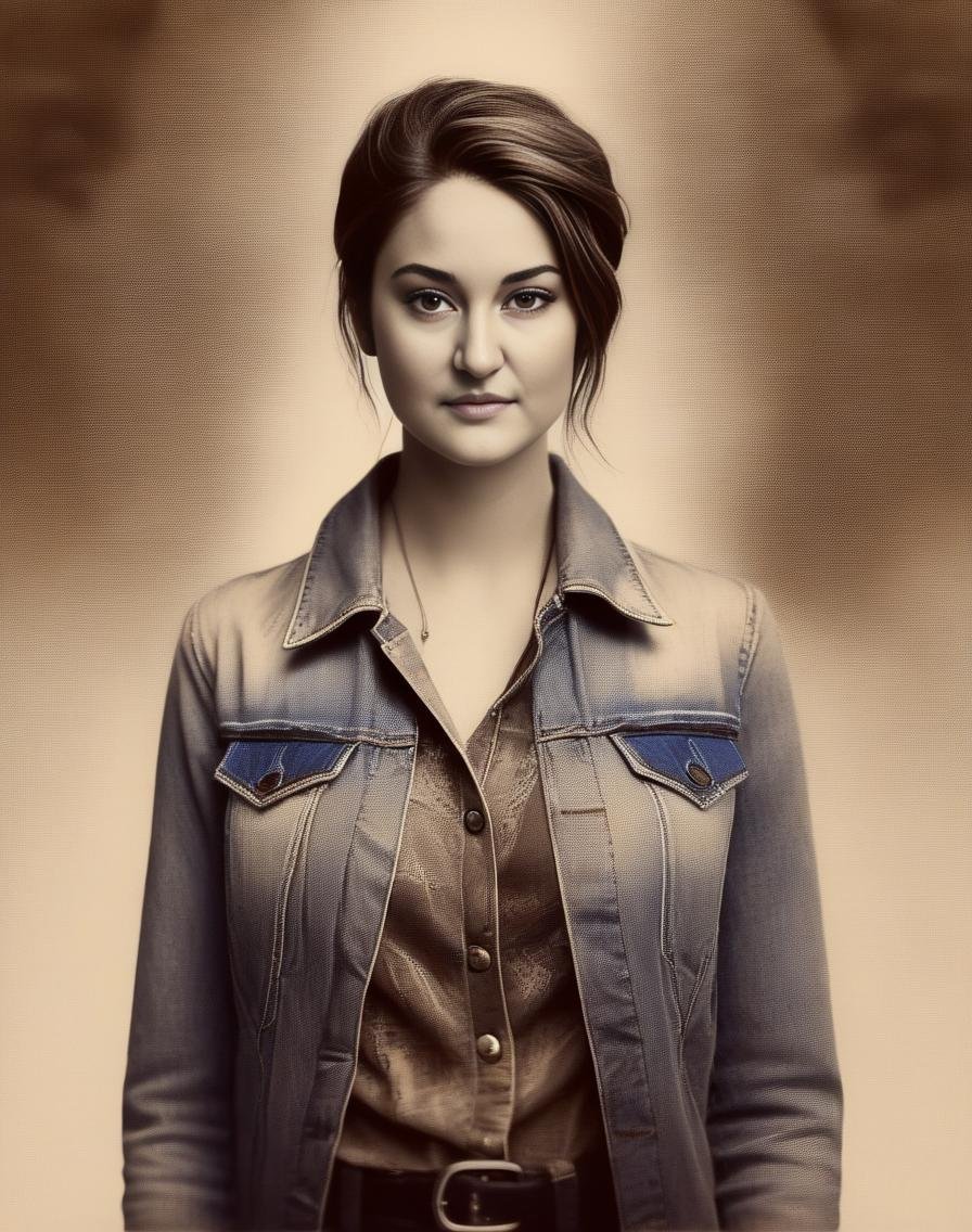 ShaileneWoodley, (art by Leonetto Cappiello:1.0) , portrait, intricate background,close up of a [Otherworldly|Emerging] Girl, wearing Scientist Maxi dress and denim jacket, Foggy conditions, avant-garde, Sepia filter,  <lora:ShaileneWoodleySDXL:1>