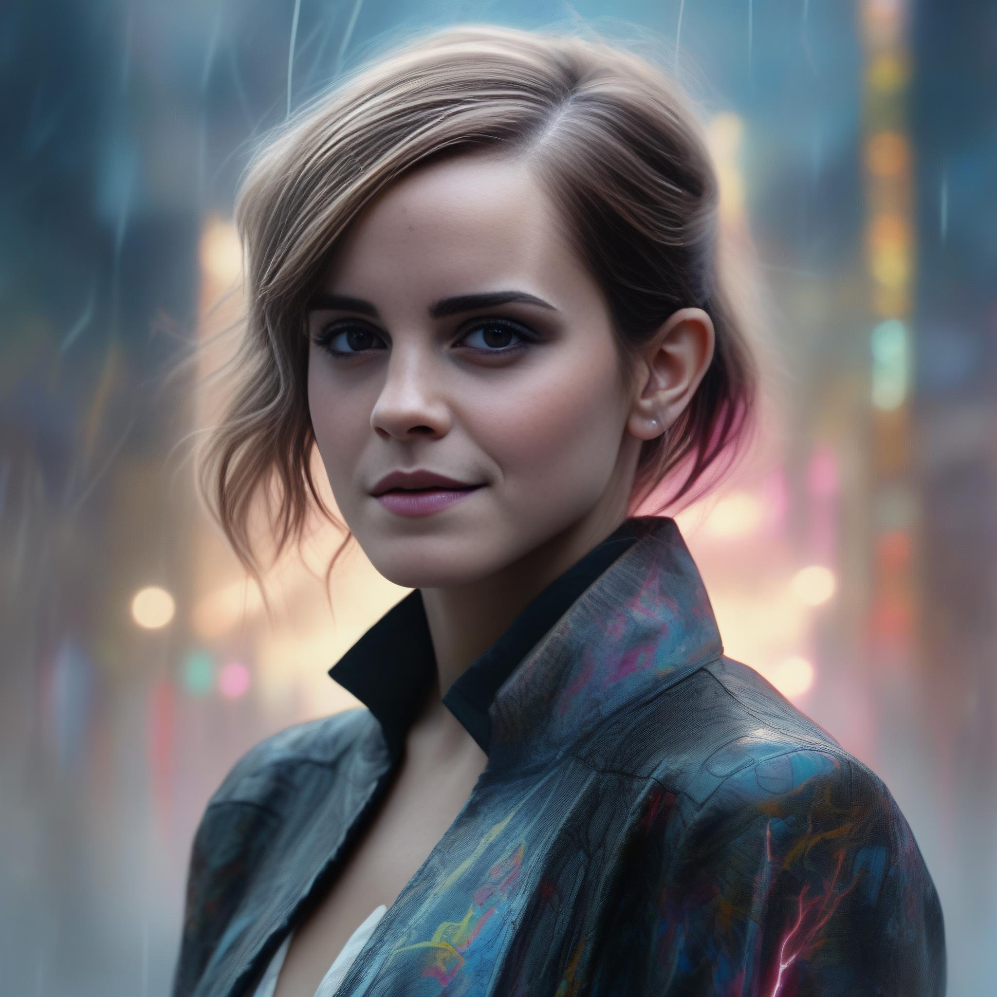 EmmaWatson,<lora:EmmaWatsonSDXL:1>,Portrait,Female,8k,by tristan eaton,stanley artgermm,tom bagshaw,greg rutkowski,carne griffiths, ayami kojima, beksinski, giger,trending on deviantart,face enhance,hyper detailed,minimalist,cybernetic, android, blade runner,full of colour, super detailed,minimalist,full of colour, super detailed, full body portrait, dramatic lightning, epic composition, intricate complexity, magical atmosphere, masterpiece, sharp focus, cinematic lighting, award winning, trending on Artstation, 8K, 4k, UHD,