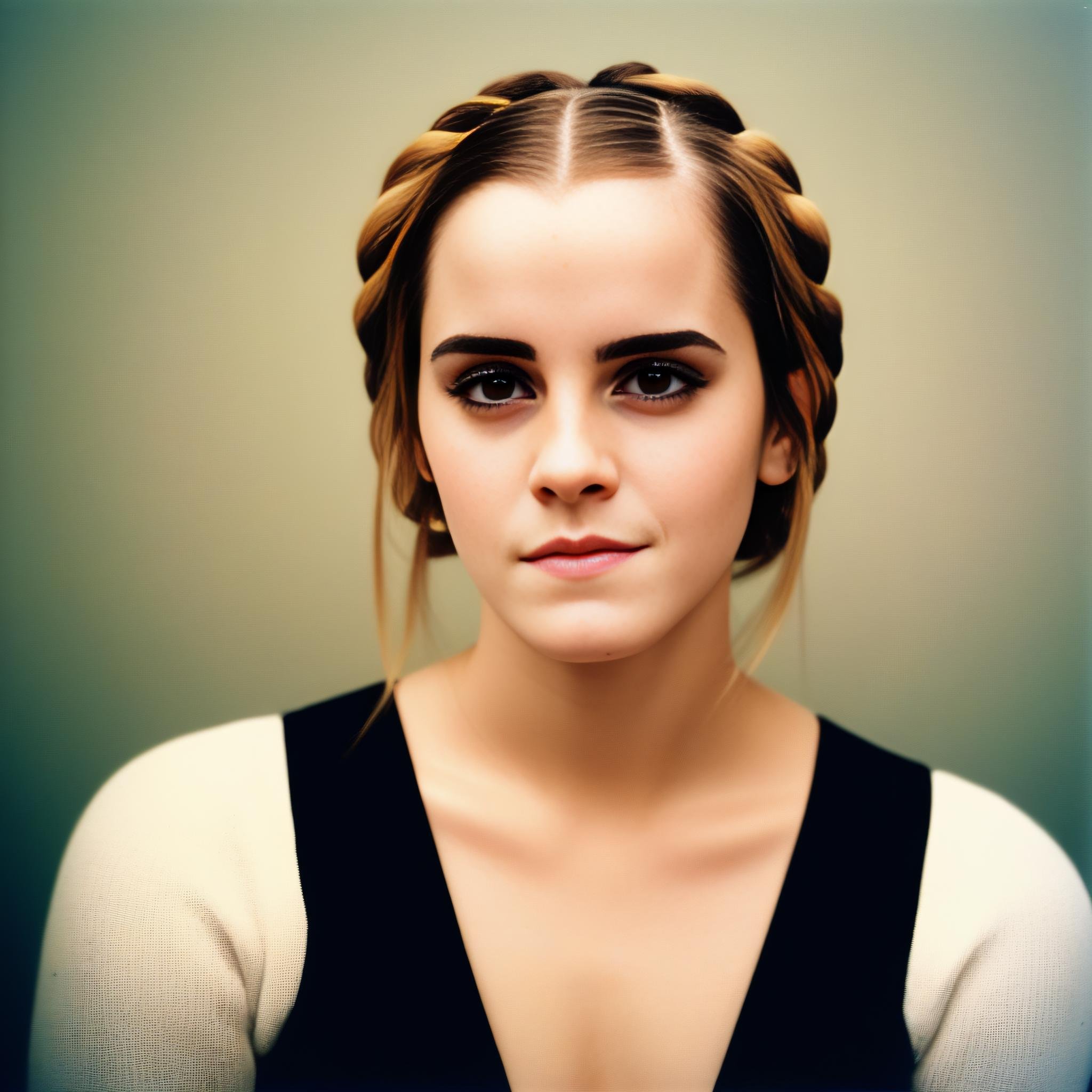 EmmaWatson, photograph, Cartelcore, Detestable slim Girl, Vlogging, Box braids hairstyle, horizon-centered, Indirect light, film grain, Polaroid, L USM, glimmering transformation, art by Fernando Botero,  <lora:EmmaWatsonSDXL:1>