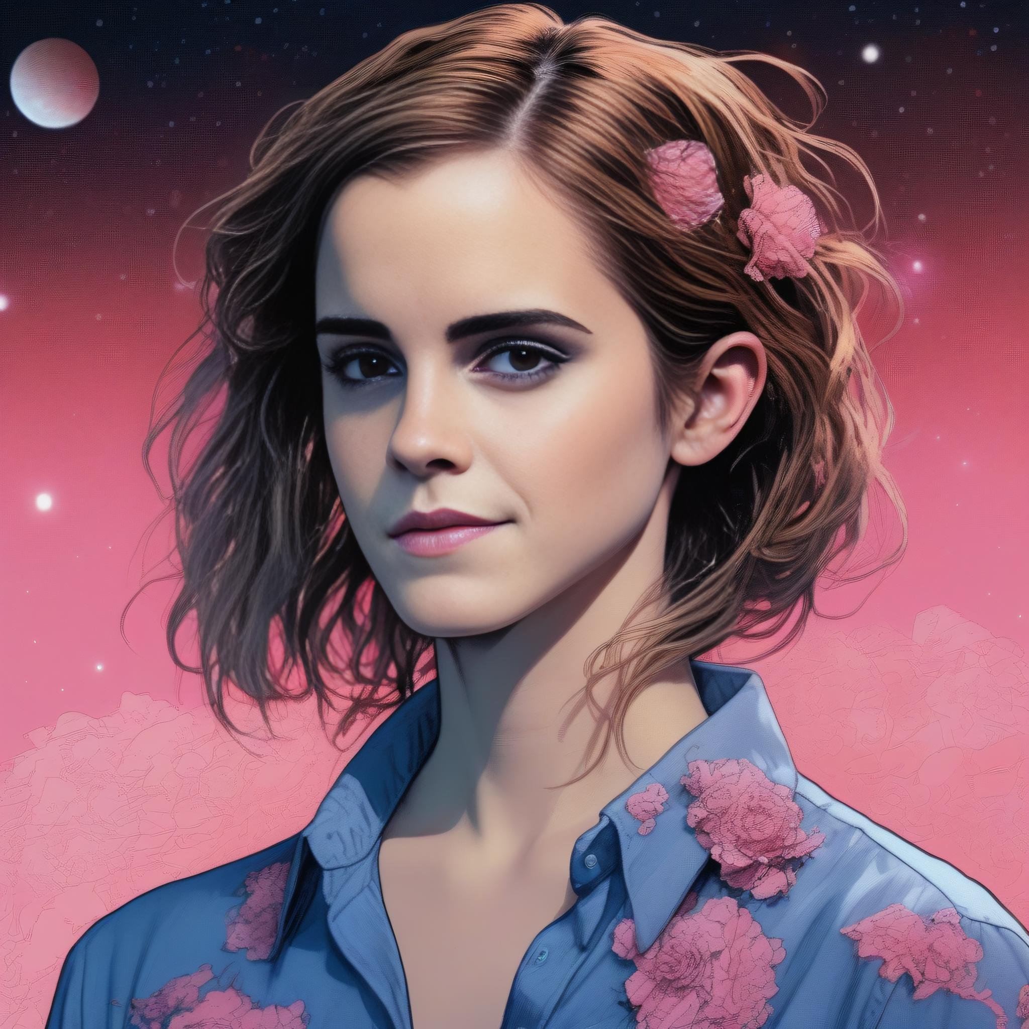 EmmaWatson,<lora:EmmaWatsonSDXL:1>,portrait,female, intricate details. Anime style by Katsuhiro Otomo; anime-style artstation trending bright colors day at the beach in summer with a sky full of stars and moon on background that looks like it is from borderlands comics artist McPherson + studio ghibli+ stands for an action shot inside house interior scene set against black backdrop wearing flowers growing out her hair flowing dress shirt under blue text only to pink nebula night lights 4k detailed hyper realistic 8K hd resolution highly accurate high quality photo taken using kodak portra 400 film camera nikon dslr 35mm macro lens award winning colour portrait