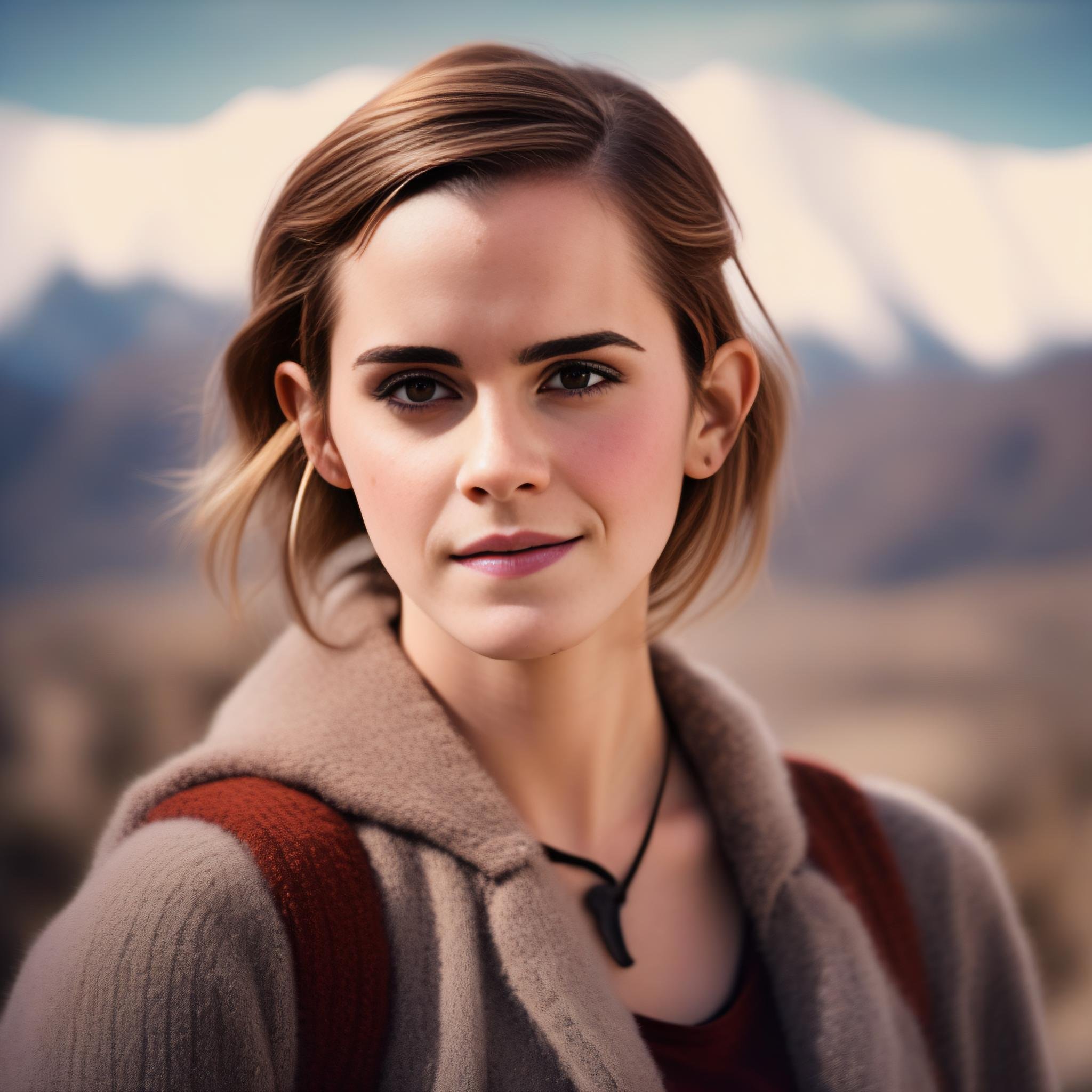 EmmaWatson, photograph, warm mountains, Sharp Female, Adventure pose, Mutton Chops, One-Eyed, Exoplanet background, Bokeh, ultrafine detailed, Happy, film grain, Canon EF, telephoto lens, triadic colors, adobe lightroom, art by Joe Petagno,  <lora:EmmaWatsonSDXL:1>