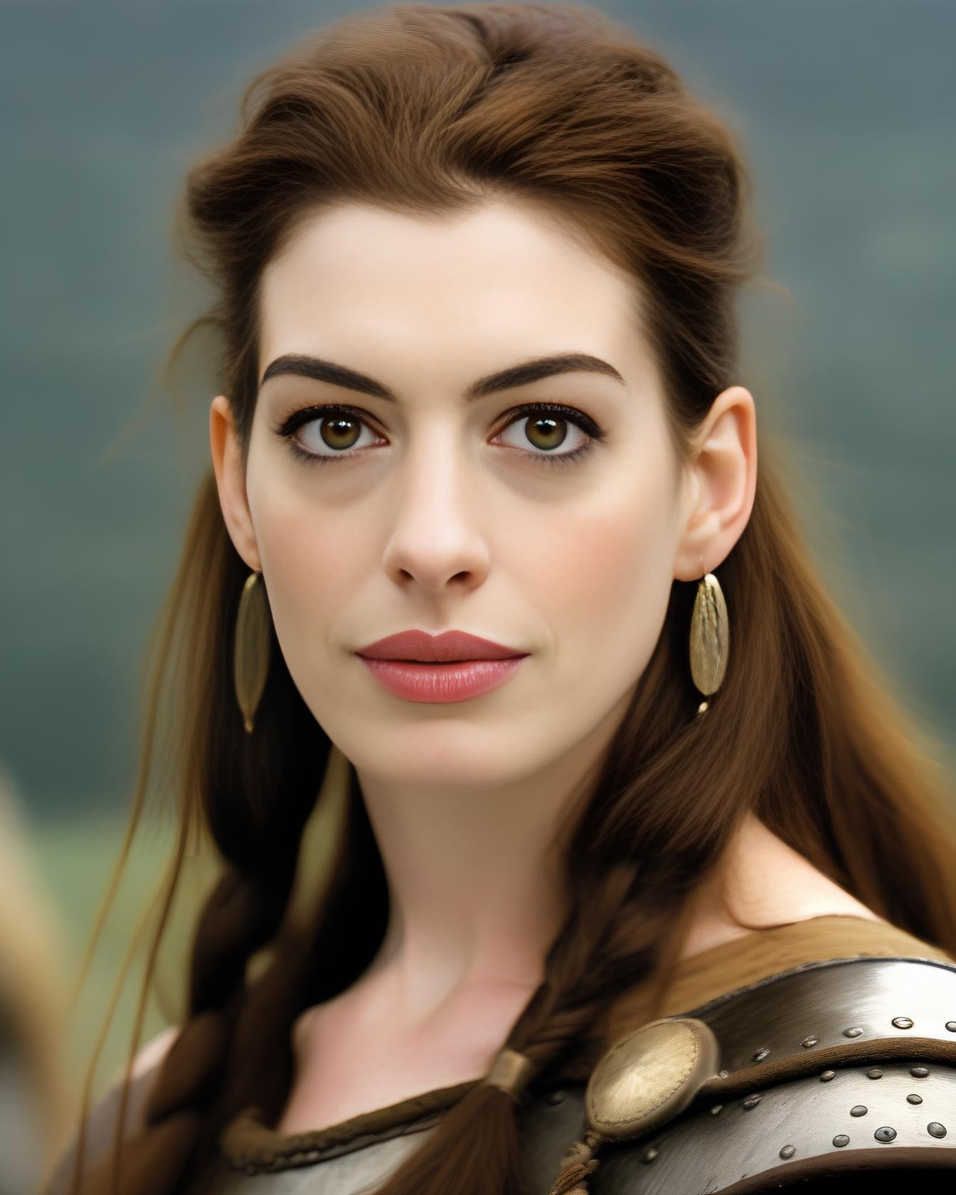 AnneHathaway,<lora:AnneHathawaySDXL:1>,photo of a gorgeous woman), (professional photography), (scenic background), ((as a viking warrior woman)), ((close-up)), masterpiece, best quality, (eye contact), (looking at the viewer), centred, (shot from front), blurred_background, proportional