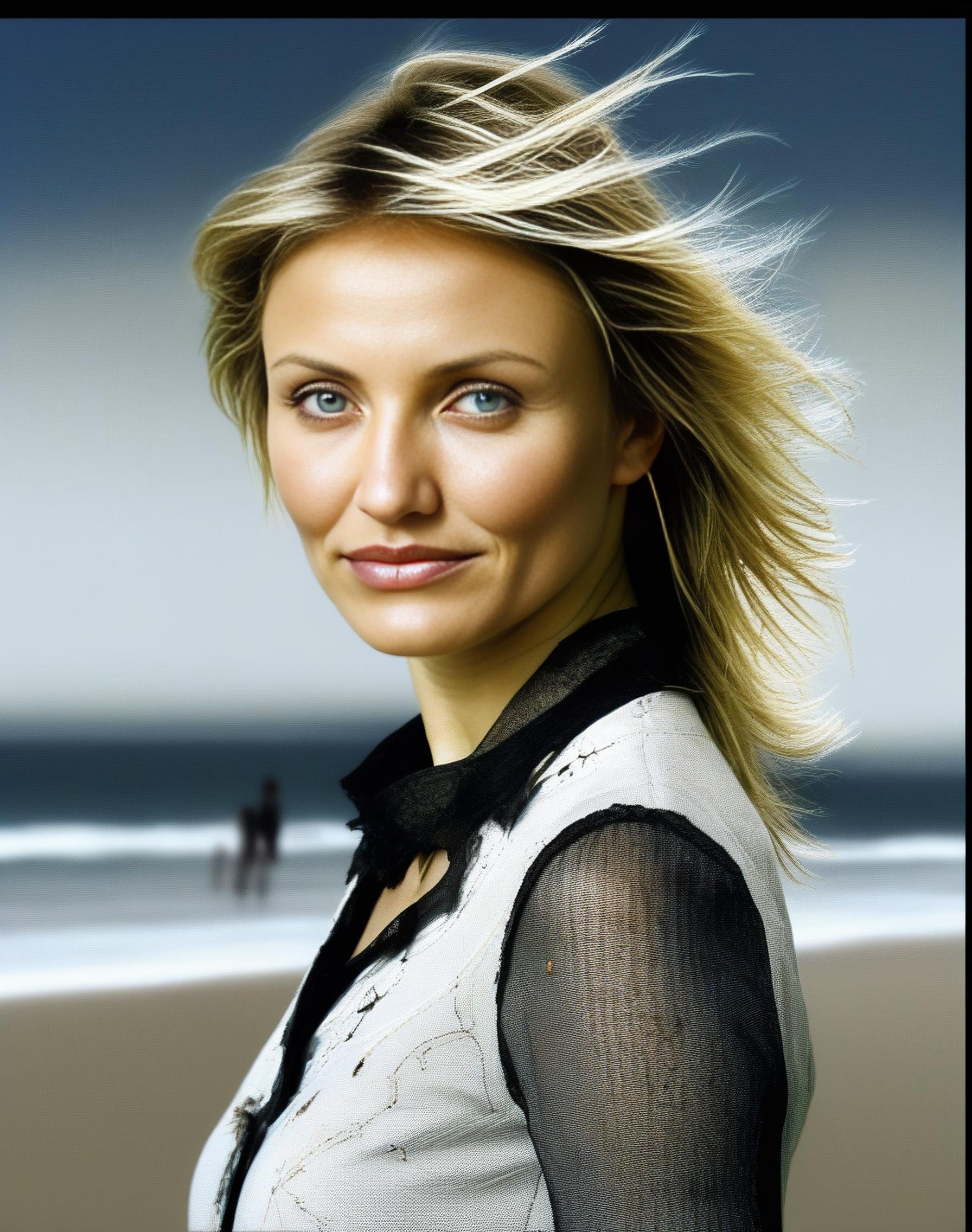 CameronDiaz, art by Peter Holme III, portrait, dense beach,close up of a Stressed Capricious Futuristic Girl, Tailor, at Bristol, [mountains|flora], Westernpunk, Side lighting, Mono Color, <lora:CameronDiazSDXL:1>