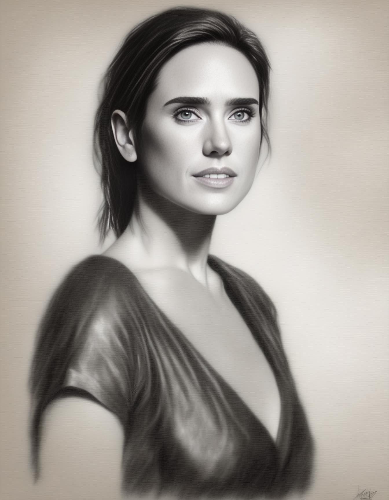 JenniferConnelly,<lora:JenniferConnellySDXL:1> sketching on ivory paper with charcoal pencil, in the style of realistic hyper-detailed portraits, digital airbrushing, commission for, i can't believe how beautiful this is --ar 55:64 --s 750 --niji 5