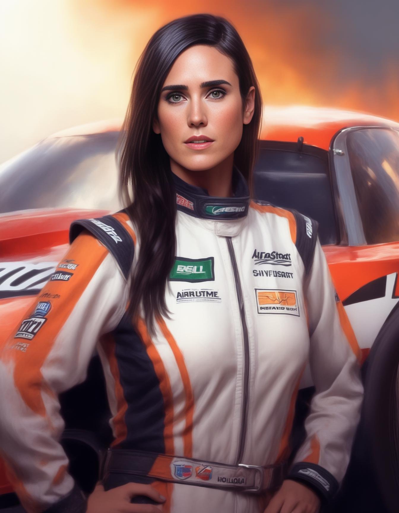 JenniferConnelly,<lora:JenniferConnellySDXL:1> perfect anime illustration, 1girl, braided hair, medium hair, medium breasts, sidehair, racecar driver, ((firesuit, race track, car)), nascar, f1, indycar, (outdoors, speedway, track), standing next to a racing vehicle, hand on hip, good posture, looking at viewer. created by Artgerm, volumetric lighting, 8k, hdr, holga, 300mm lens f3. 5, aesthetic, unsharpened