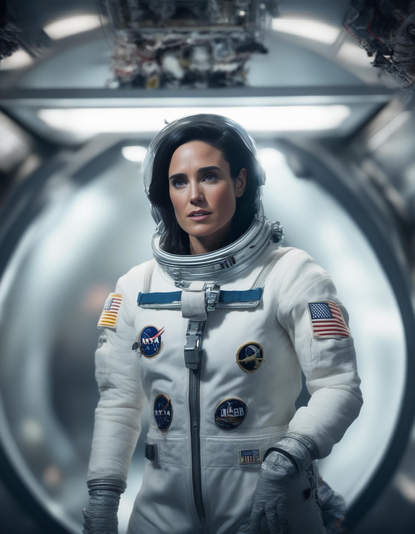 JenniferConnelly,<lora:JenniferConnellySDXL:1>,photo,detailed background, stunning beauty, high quality photo, perfect composition, perfect details and textures, highly detailed, front view, looking at camera, perfect lighting, with an astronaut suit in the space station