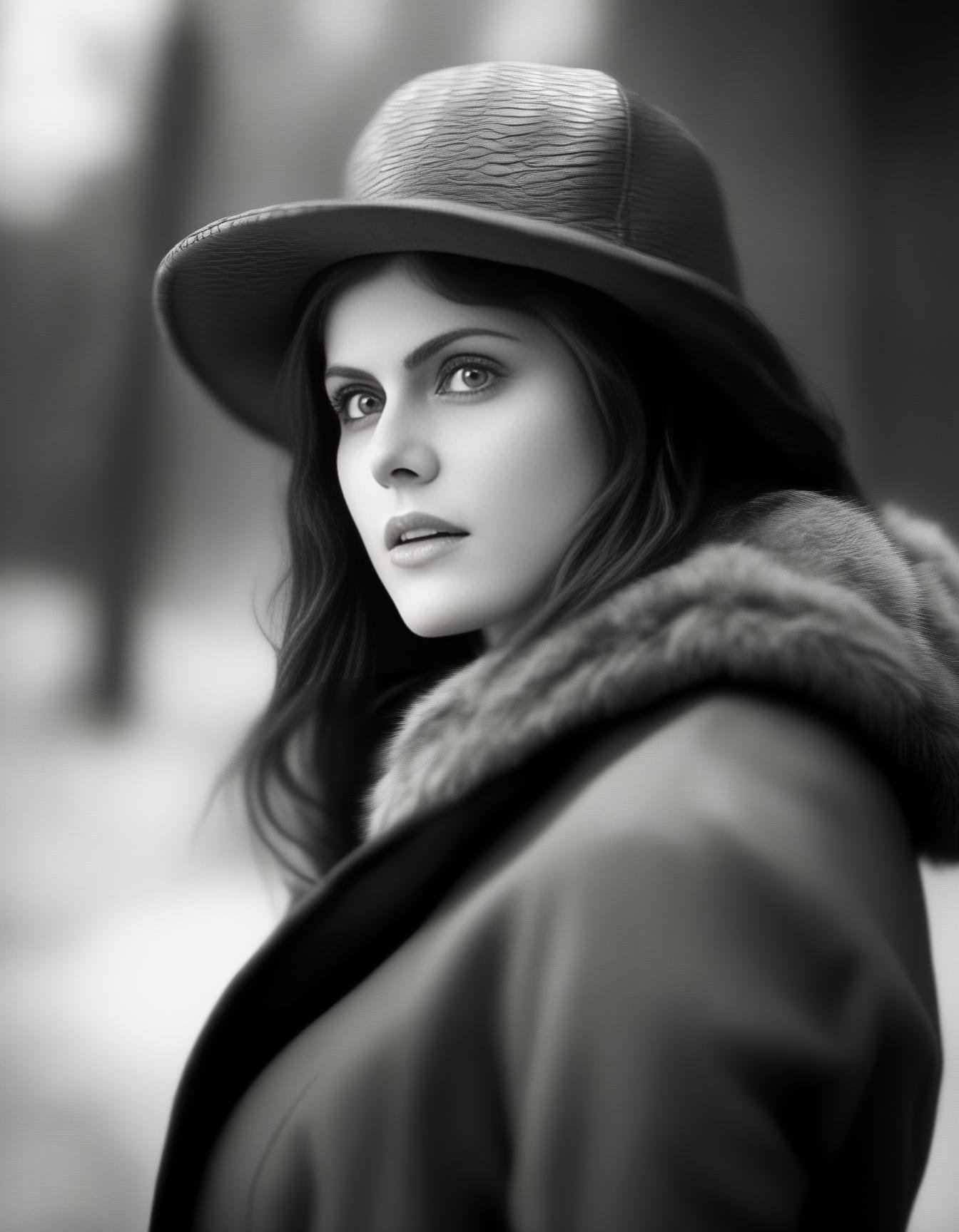 AlexandraDaddario, photograph, [Old|Gentle] voluptuous Female of Elements, wearing Average Snakeskin Red Trapper hat, Winter, tilt shift, Movie still, Suffering, moody lighting, Ilford HP5, Depth of field 100mm, art by Giorgio de Chirico,  <lora:AlexandraDaddarioSDXL:1>