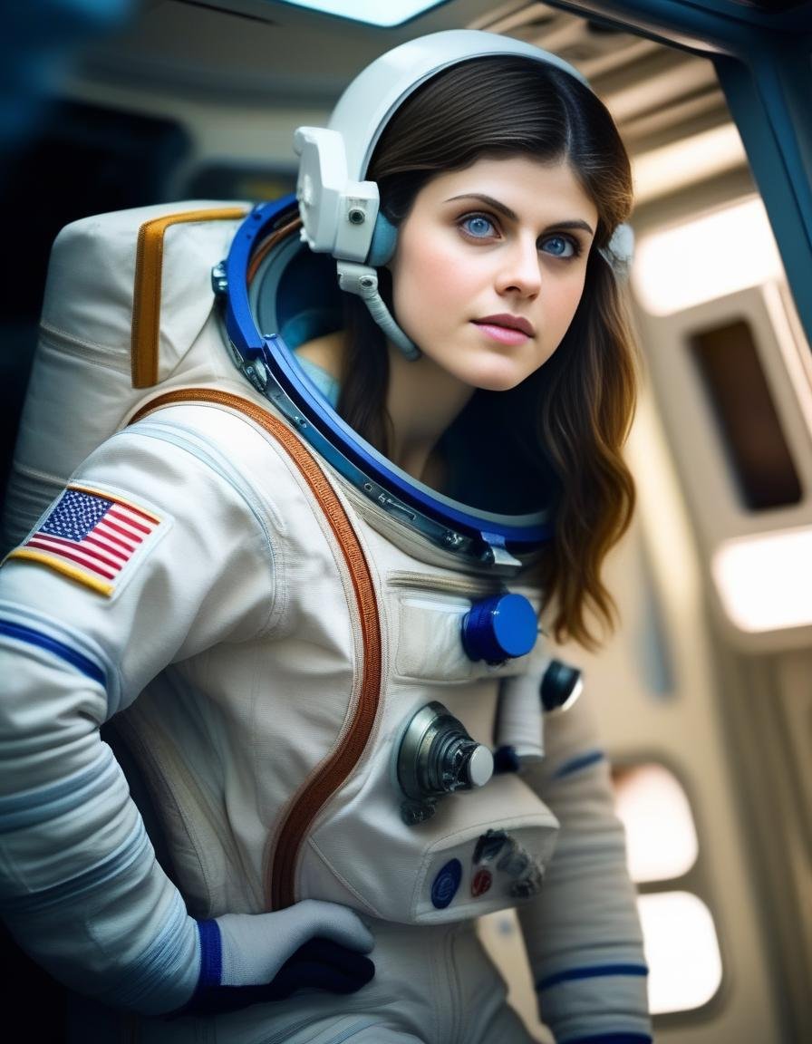 AlexandraDaddario,<lora:AlexandraDaddarioSDXL:1>,photo,detailed background, stunning beauty, high quality photo, perfect composition, perfect details and textures, highly detailed, front view, looking at camera, perfect lighting, with an astronaut suit in the space station