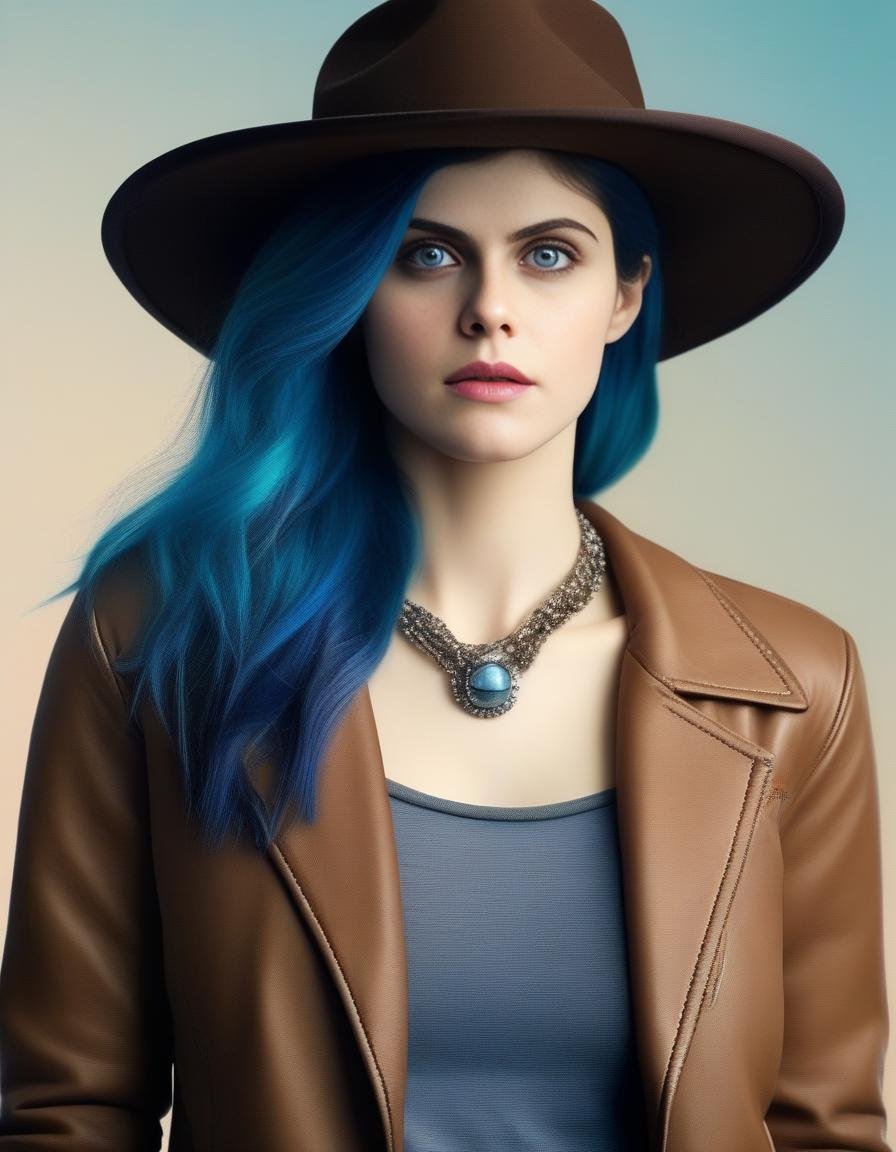 AlexandraDaddario,<lora:AlexandraDaddarioSDXL:1>,Realistic photo of a beautiful  woman, 1girl, solo, long hair, hat, jewelry, blue hair, jacket, multicolored hair, necklace, bracelet, lips, realistic, fashion, soft lighting, professional Photography, Photorealistic, detailed, RAW, analog, sharp focus, 8k, HD, DSLR, high quality, Fujifilm XT3, film grain, award winning, masterpiece