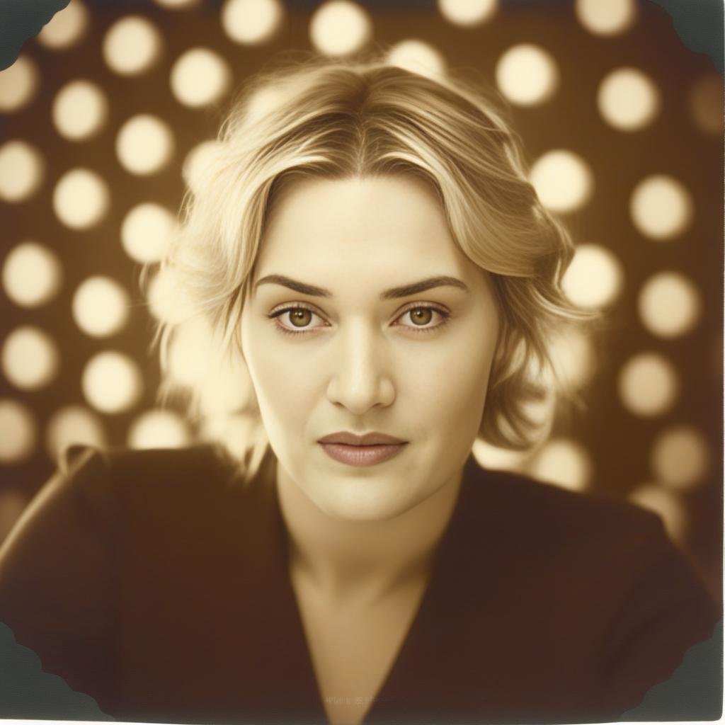 KateWinslet, photograph, Stupid Female, 🤮, Thoughtful Pose, Bokeh, Surprising, Polaroid, 80mm, Sepia filter, cosmic energy, (art by Verner Panton:0.9) ,  <lora:KateWinslet,SDXL:1>