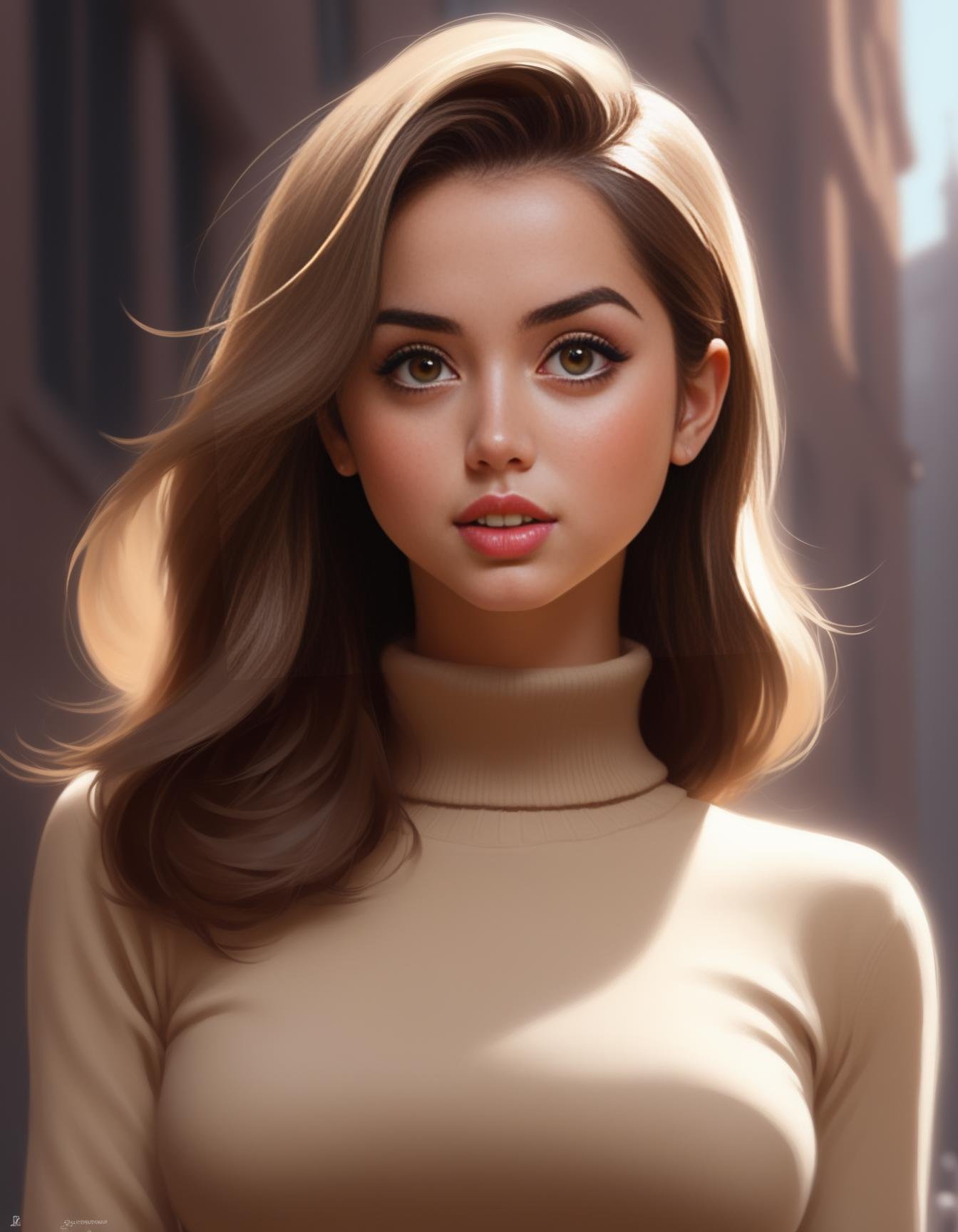 AnadeArmas,<lora:AnadeArmasSDXL:1>young Disney socialite wearing a beige miniskirt, dark brown turtleneck sweater, small neckless, cute-fine-face, anime. illustration, realistic shaded perfect face, brown hair, grey eyes, fine details, realistic shaded lighting by ilya kuvshinov giuseppe dangelico pino and michael garmash and rob rey, iamag premiere, wlop matte print, 4k resolution, a masterpiece