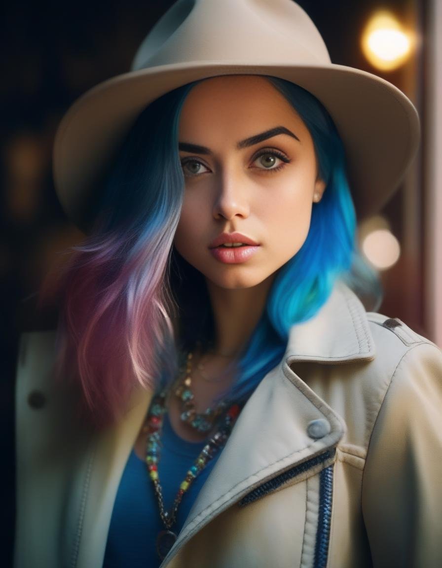 AnadeArmas,<lora:AnadeArmasSDXL:1>,Realistic photo of a beautiful  woman, 1girl, solo, long hair, hat, jewelry, blue hair, jacket, multicolored hair, necklace, bracelet, lips, realistic, fashion, soft lighting, professional Photography, Photorealistic, detailed, RAW, analog, sharp focus, 8k, HD, DSLR, high quality, Fujifilm XT3, film grain, award winning, masterpiece