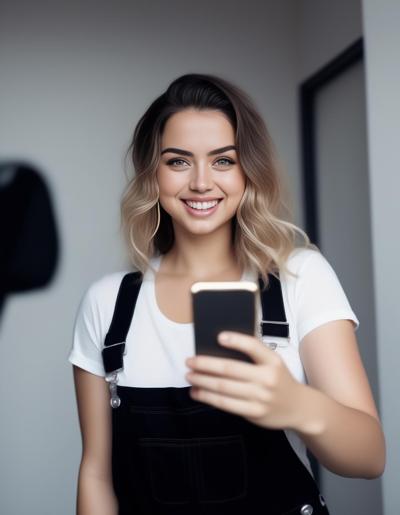 AnadeArmas,<lora:AnadeArmasSDXL:1>, a curvy athletic woman in black overalls is smiling and taking a selfie, white t-shirt, streak in hair, 8k uhd, dslr, soft lighting, high quality, film grain, Fujifilm XT3