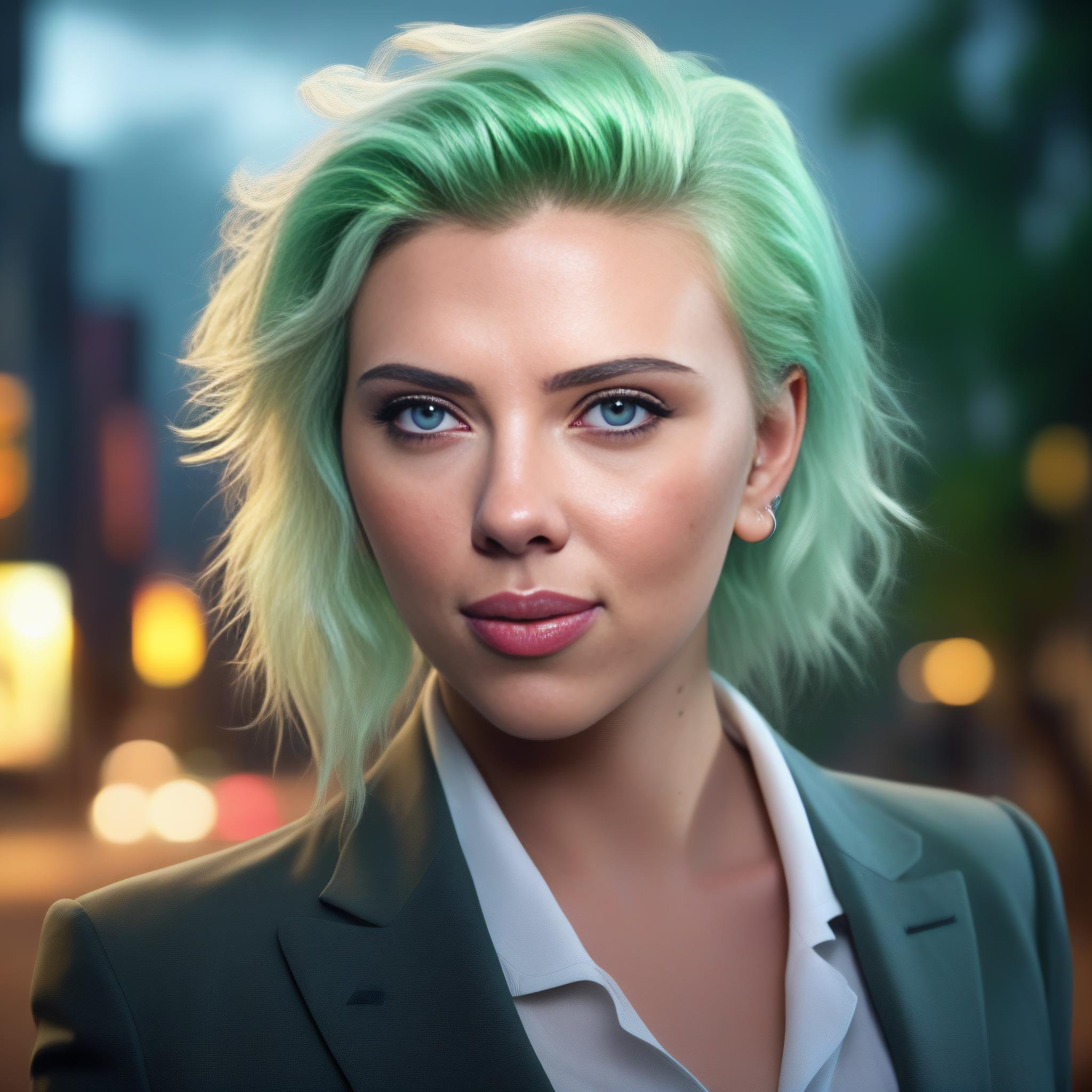 ScarlettJohansson,<lora:ScarlettJohanssonSDXL:1>,portrait,female, light green hair and attractive face with blue eyes in a suit by Stanley Artgerm Lau highly detailed realistic sci-fi photorealistic render unreal engine 4k trending on artstation made at The Digitaloudini VFX volumetric lighting subsurface scattering shiny skin neon cyberpunk 2077 octane renderer ultra high detail concept digital painting fantasy intricate elegant matte illustration dramatic cinematic lightning stormy weather foggy atmosphere epic composition curly colorful bokehs nature photography blur lens flare mist shadow backlit smoke from the sun golden hour dark tones lush forest flowers trees dreamscape full of colour splash comics illustrated