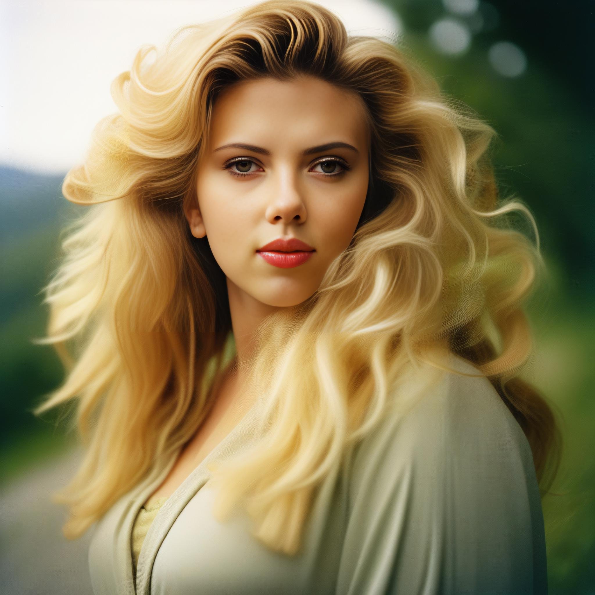 ScarlettJohansson, photograph, Engaging [Venetian:Bosnian:5] (Girl:1.1) , Gigantic hair styled as Voluminous, specular lighting, film grain, Kodak portra 800, 800mm lens, Kodak portra, "The symphony of seasons, nature's ever-changing melody, reminding us of life's cyclical rhythms.",  <lora:ScarlettJohanssonSDXL:1>