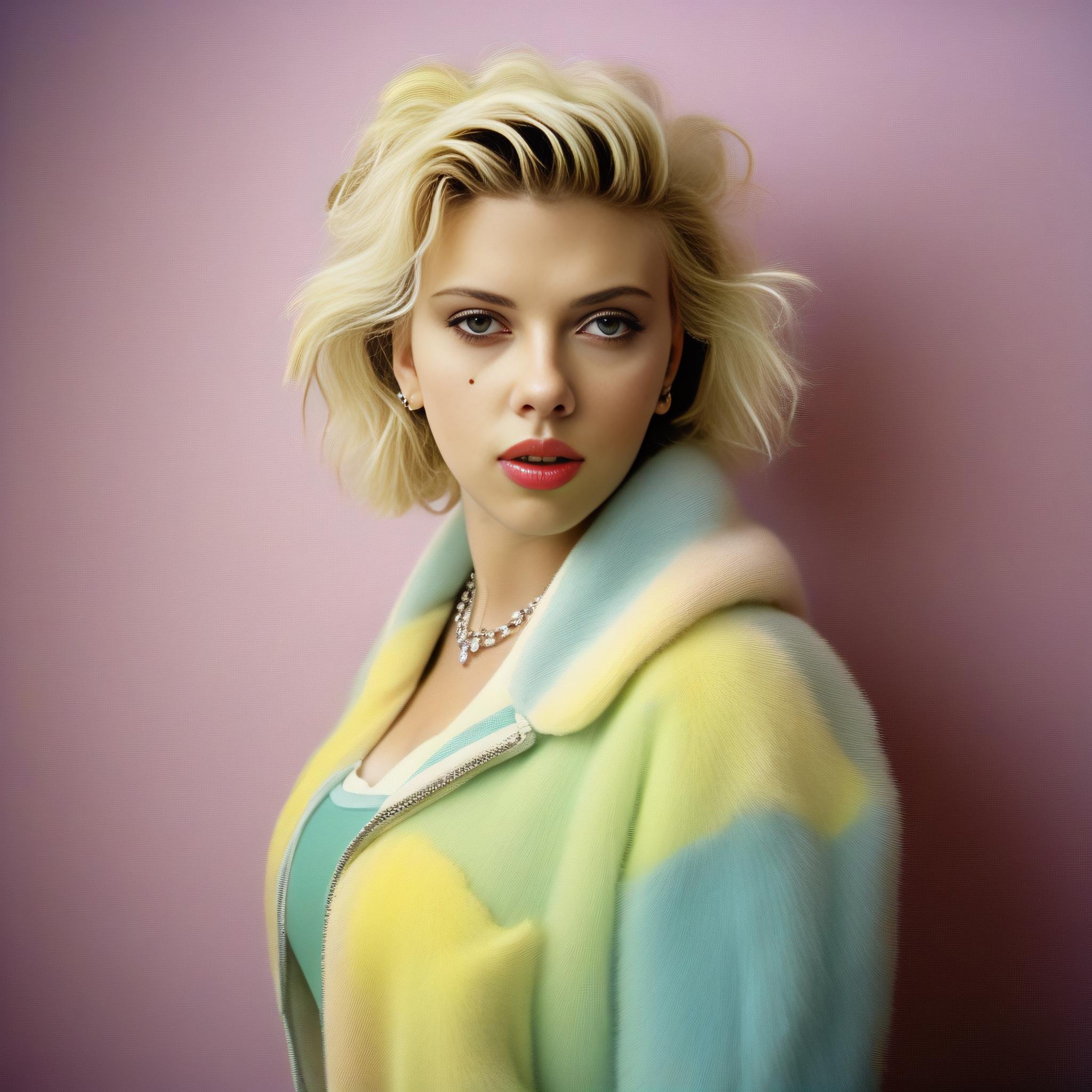 ScarlettJohansson, photograph, plump Female, wearing Turkish Skater clothing, Voluminous Shaggy hairstyle, fluorescent Makeup, Hurricane, split diopter, Shameful, Cyberpop, Canon RF, F/8, Muted Colors, art by Cecil Beaton,  <lora:ScarlettJohanssonSDXL:1>