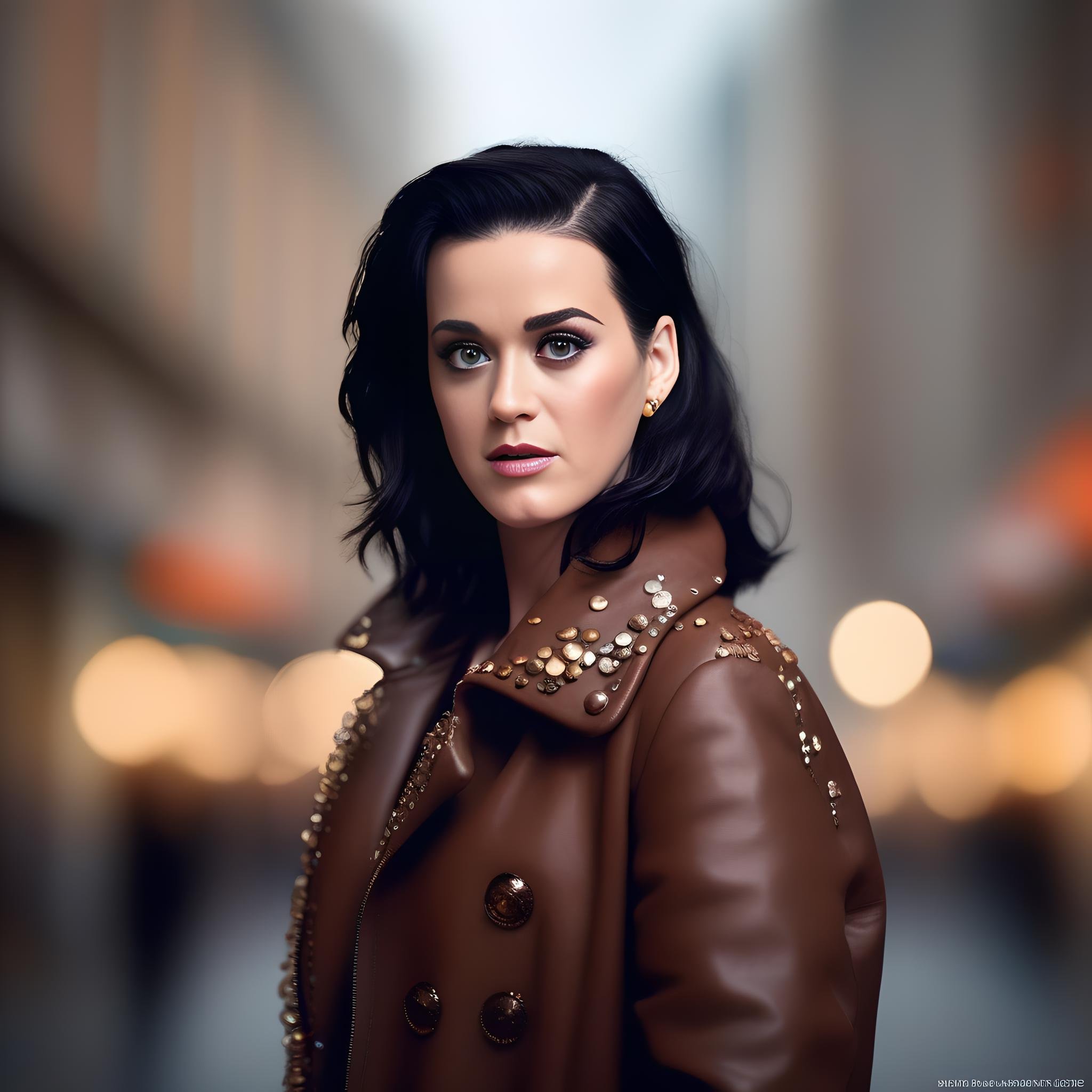 KatyPerry, art by Ruan Jia, photograph, short Girl, wearing [Violent|Neat] Roma Brown Coat, tilt shift, Ultrarealistic, Smug, soft light, Nikon Z9, L USM, fairy tale,  <lora:KatyPerrySDXL:1>