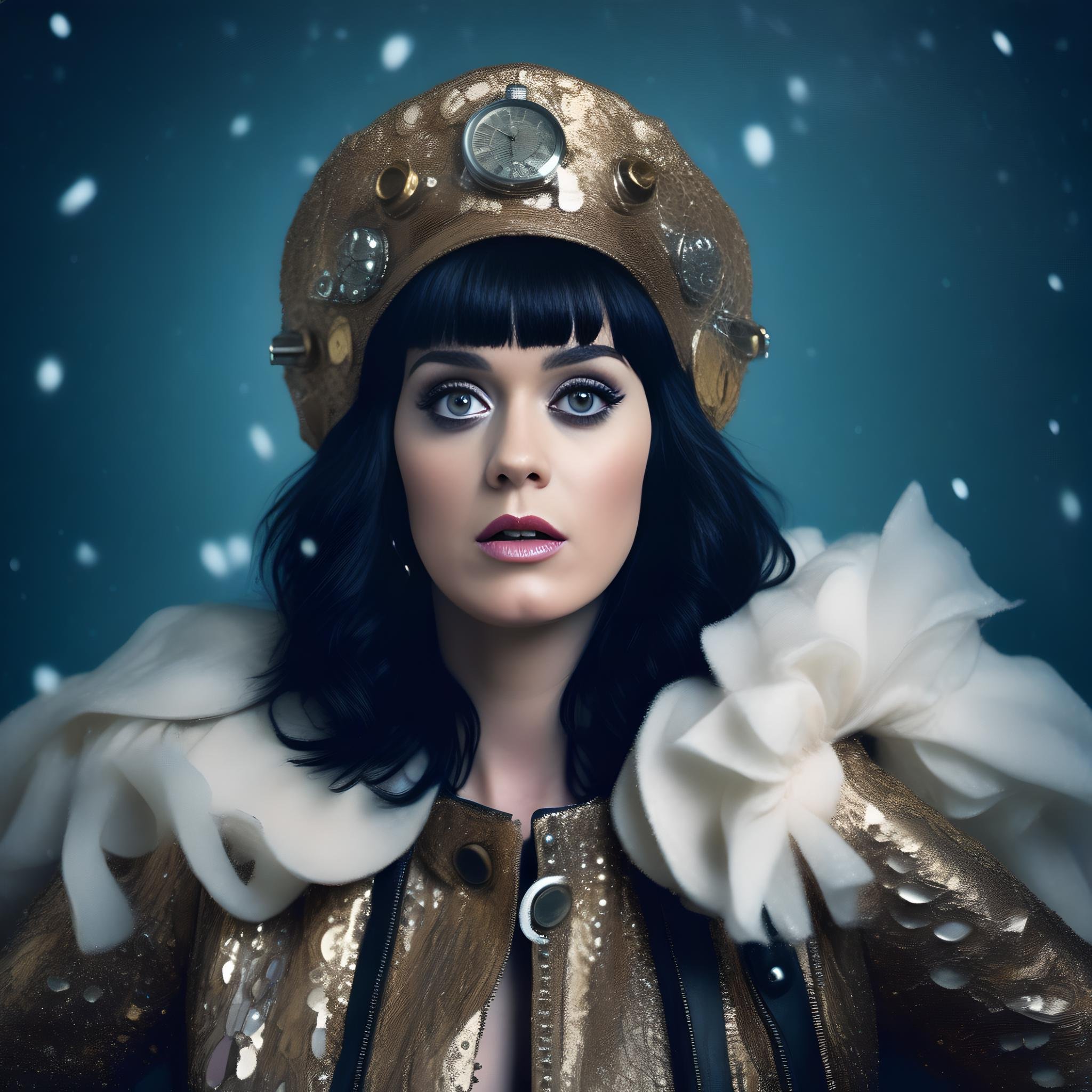 KatyPerry, photograph, Enchanted [Dwarven:South-American:7] Female, Acting, highly detailed, Hands above the head, Curtain bangs hair, Snowing, Clockpunk, film grain, Polaroid, 800mm lens, (art by Greg Rutkowski:1.2) ,  <lora:KatyPerrySDXL:1>