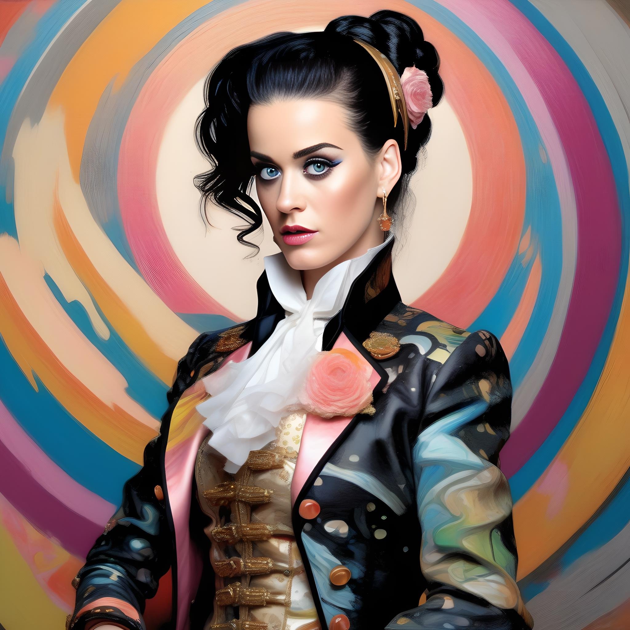 KatyPerry, (art by J.C. Leyendecker:0.7) , (art by John Constable:1.2) , photograph, hyper detailed, (Woman:1.1) , wearing 1600'S Art Nouveau contrasting colors Tailcoat, DayGlo Anime Eyes, Hurricane, horizon-centered, rim light, film grain, Polaroid, F/2.8, Ribbons, octane engine,  <lora:KatyPerrySDXL:1>