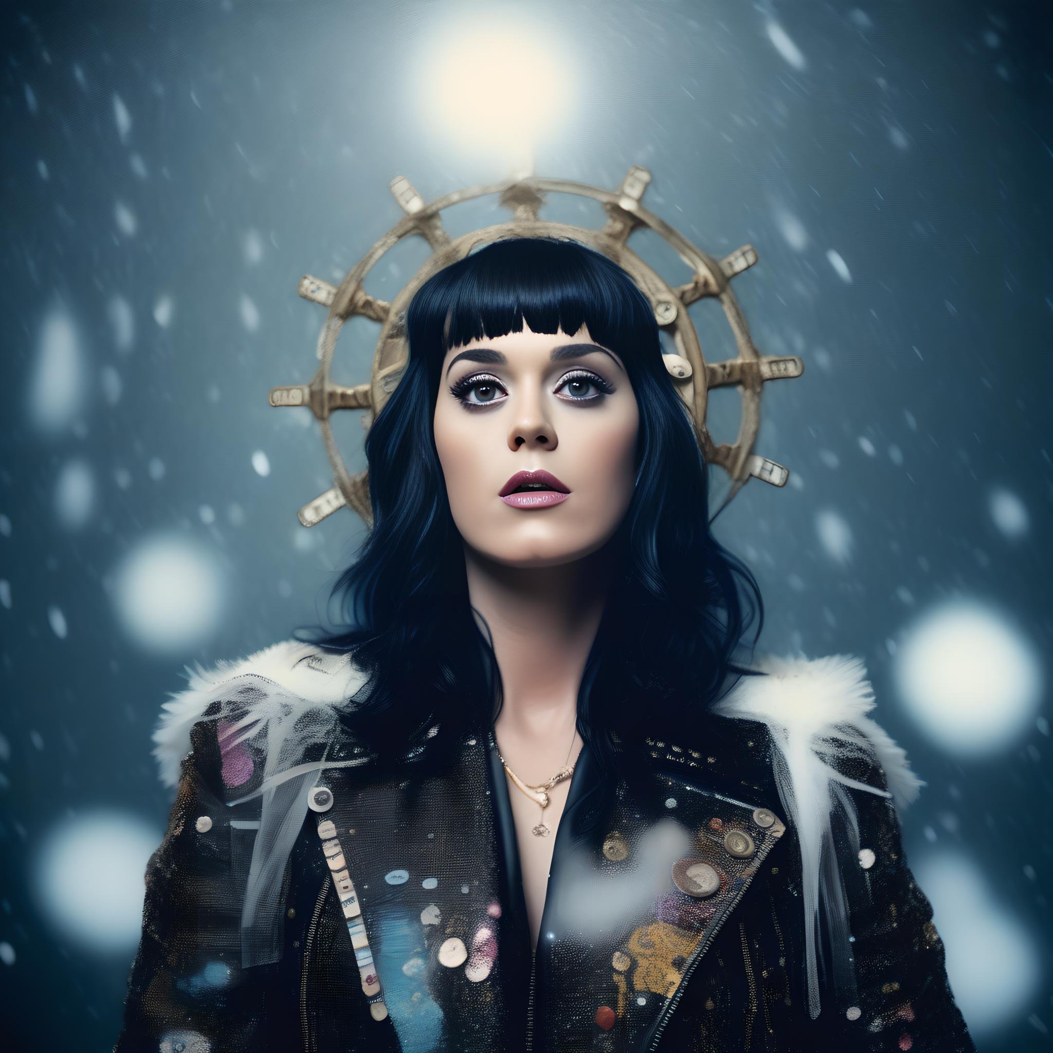 KatyPerry, photograph, Enchanted [Dwarven:South-American:7] Female, Acting, highly detailed, Hands above the head, Curtain bangs hair, Snowing, Clockpunk, film grain, Polaroid, 800mm lens, (art by Greg Rutkowski:1.2) ,  <lora:KatyPerrySDXL:1>