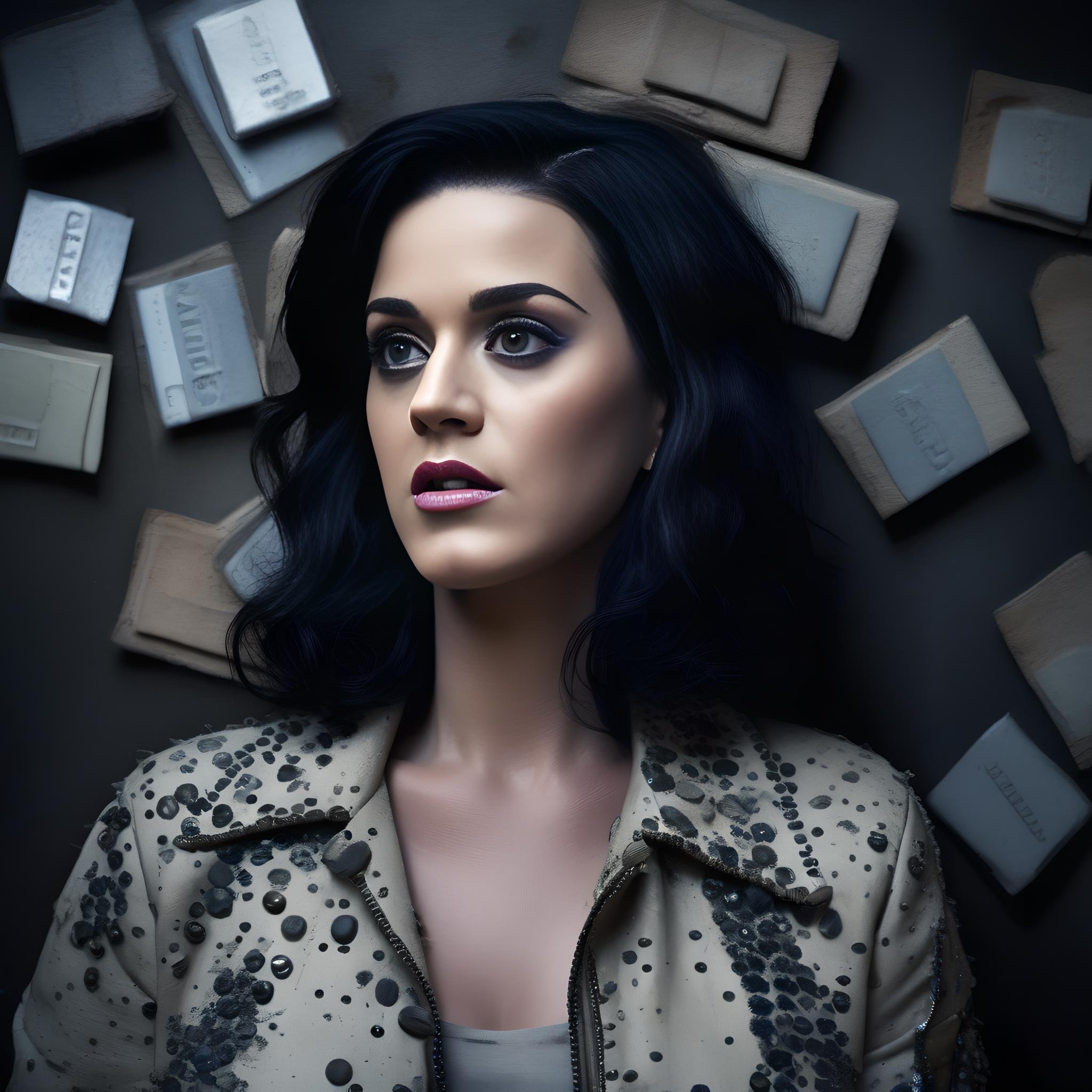 KatyPerry, photograph, Jagged Woman, 😴, Collecting stamps, Dark ages hairstyle, background is [The Tablets of Stone|Prague], Spring, Horror, Brutalist, Fujifilm XT3, Depth of field 270mm,  <lora:KatyPerrySDXL:1>