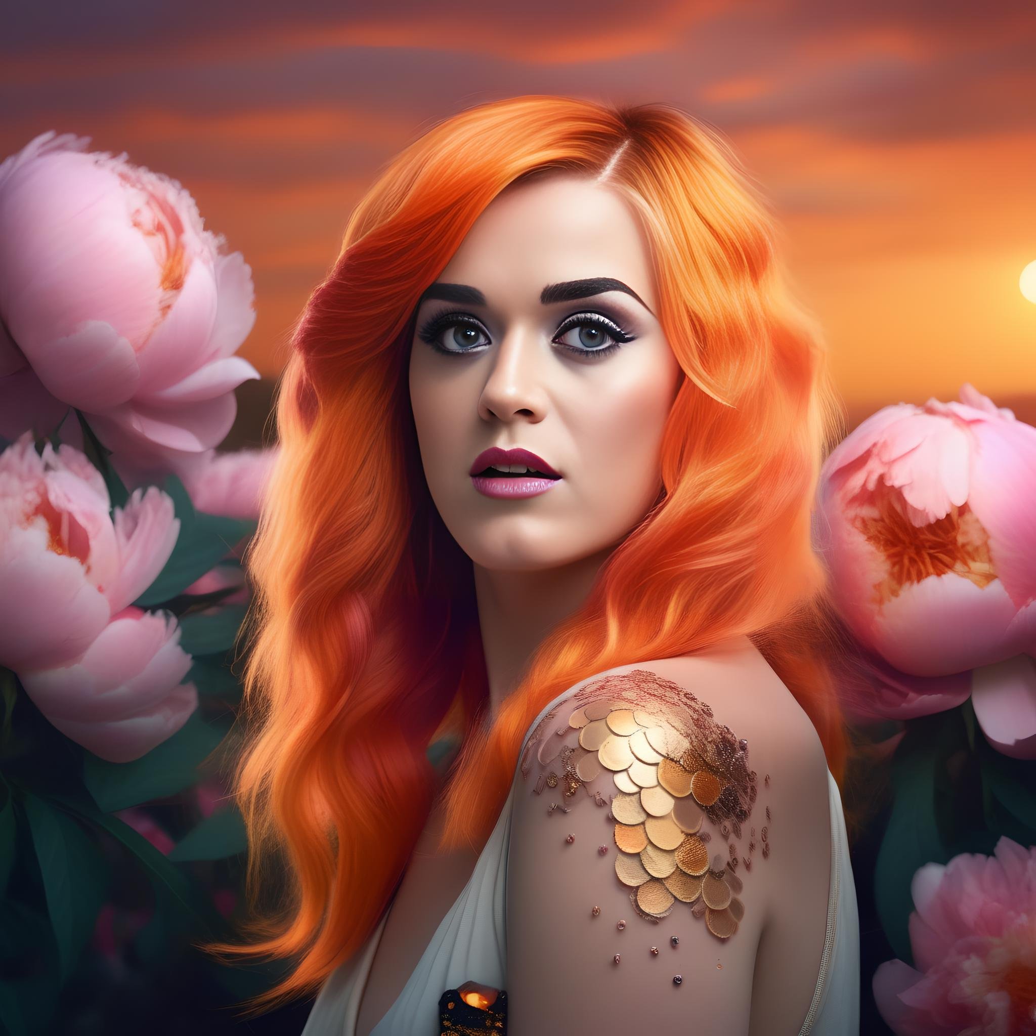 KatyPerry, art by John William Waterhouse, photograph, Insecure fat Hungarian (Girl:1.1) , fluorescent orange hair styled as Shag, Peony in background, space with Beehive, at Sunset, hyper detailed, film grain, Canon R5, Zoom lens, trending on artstation, Pixabay,  <lora:KatyPerrySDXL:1>