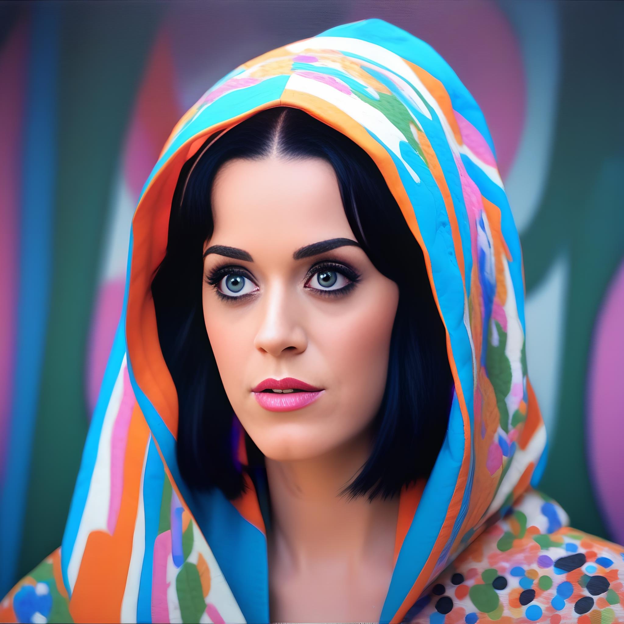 KatyPerry, photograph, Balanced Suspicious Moorish Female, Facing forward, Dark Annoyed hair, film grain, Sony A9 II, 50mm, two colors, art by Ilya Kuvshinov, (art by Artgerm:0.8) ,  <lora:KatyPerrySDXL:1>