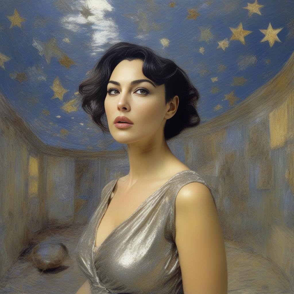 MonicaBellucci,<lora:MonicaBellucci,SDXL:1>  art by Dorothea Sharp, portrait, Hopeless,close up of a Middle Aged Hellenistic Girl, fashion modeling pose, from inside of a Zoo, Silver water, Stars in the sky, equirectangular 360, 50s Art, 35mm, arthouse