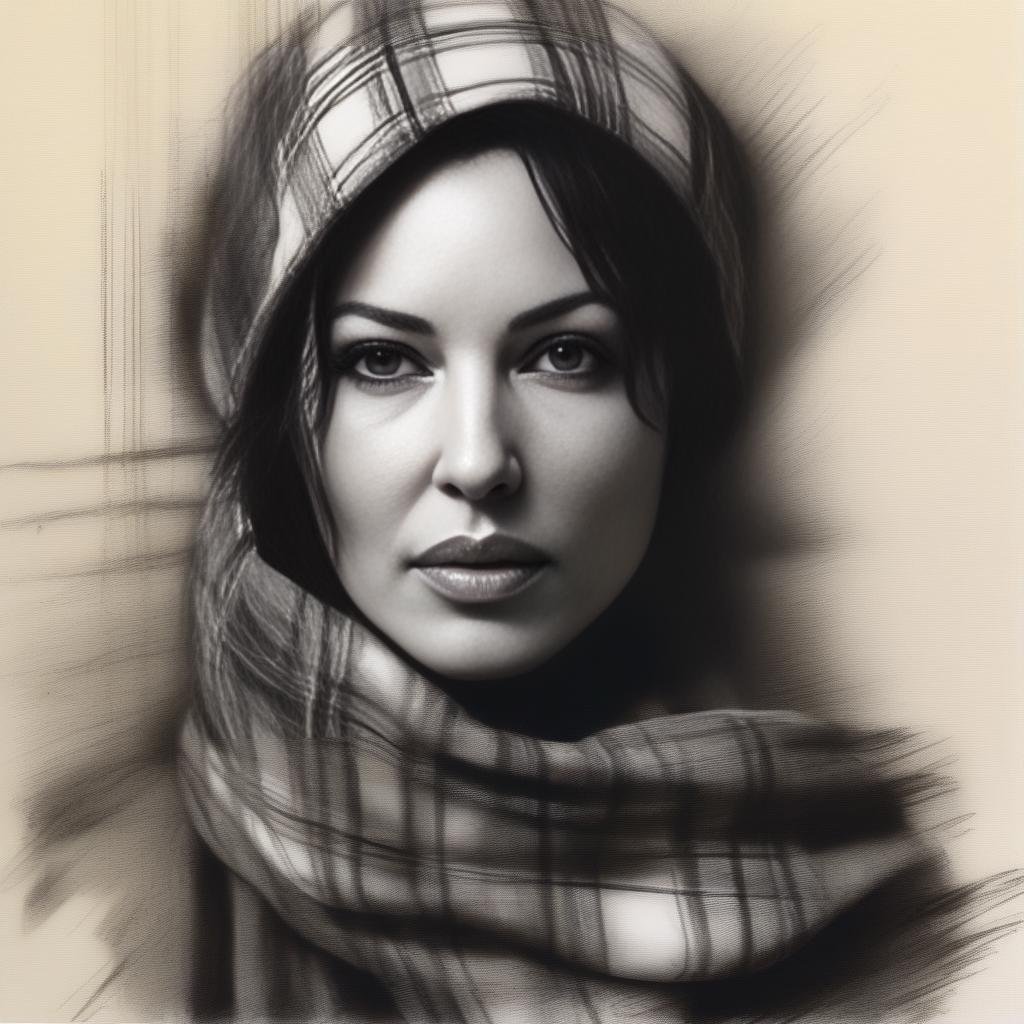 MonicaBellucci, photograph, 3/4 view of a Senegalese Woman, Knight, Majestic Tartan Scarf, at Golden hour, Sketched, film grain, Nikon d3300, Depth of field 100mm, delicate, pixiv, (art by Guy Denning:1.3) ,  <lora:MonicaBellucci,SDXL:1>