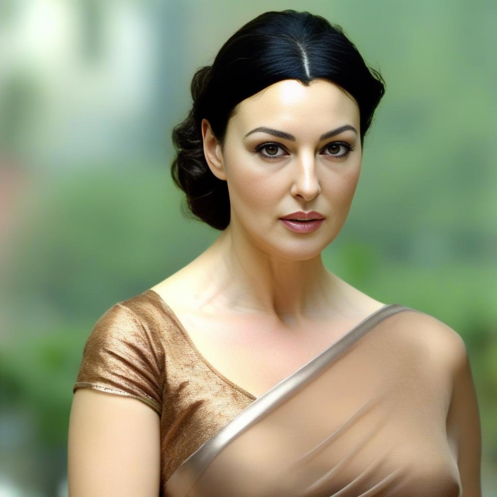 MonicaBellucci,<lora:MonicaBellucci,SDXL:1>,woman wearing saree, background blur, portrait