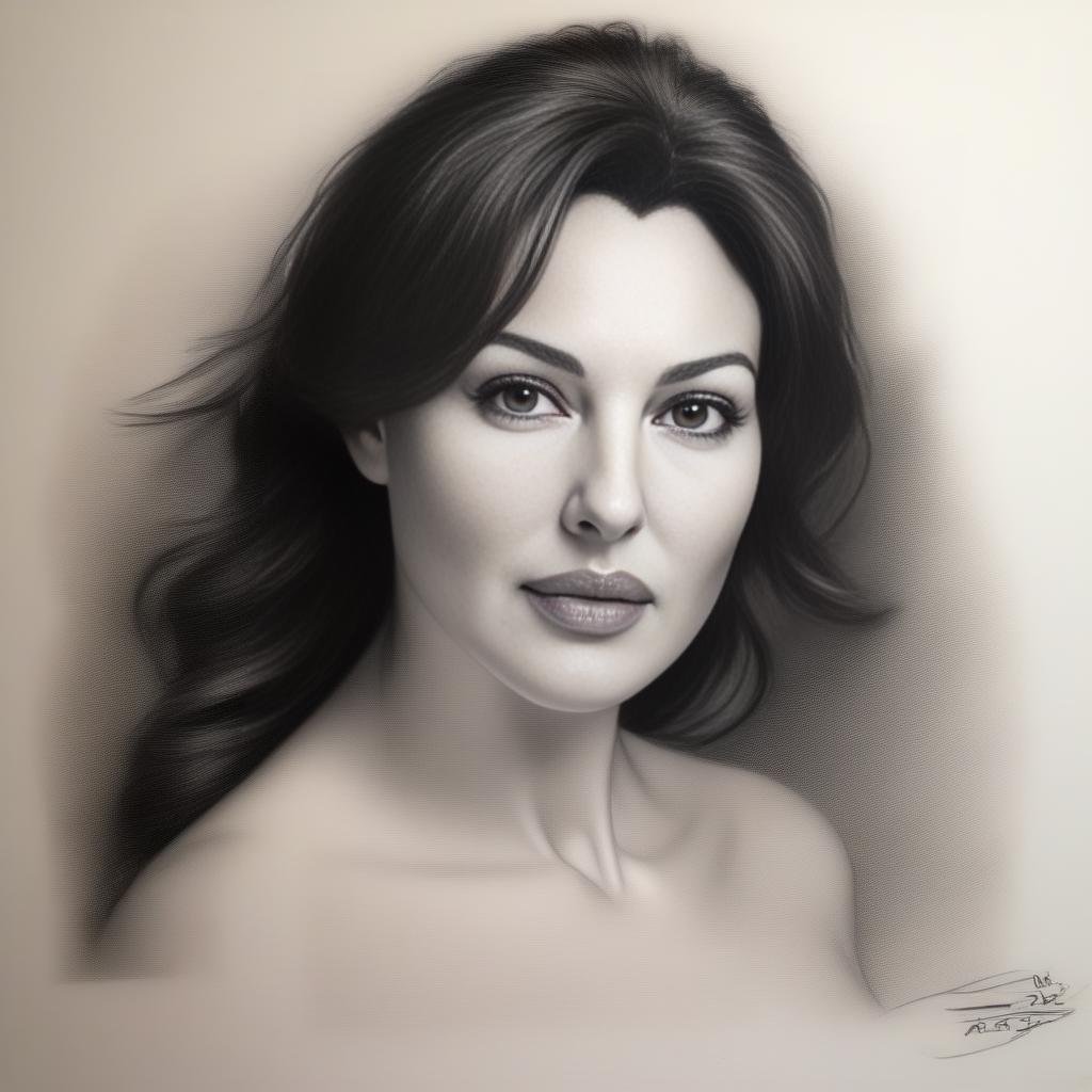 MonicaBellucci,<lora:MonicaBellucci,SDXL:1> sketching on ivory paper with charcoal pencil, in the style of realistic hyper-detailed portraits, digital airbrushing, commission for, i can't believe how beautiful this is --ar 55:64 --s 750 --niji 5