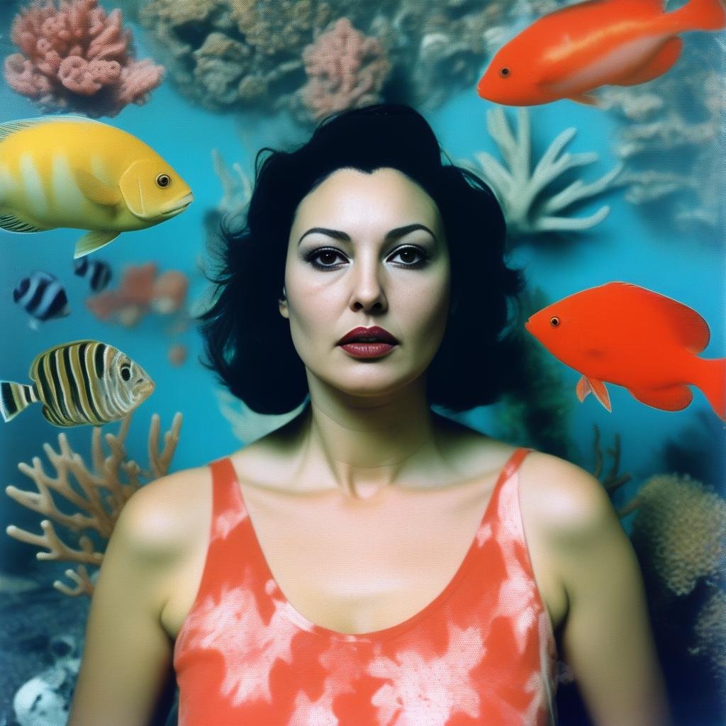 MonicaBellucci, (art by John Wayne Gacy:1.2) ,art by David Choe, photograph, Street level shot of a Woman, Coral reef in background, Screen print, Proud, Neo-Primitivism, film grain, Sony A7, Selective focus, Lomography,  <lora:MonicaBellucci,SDXL:1>