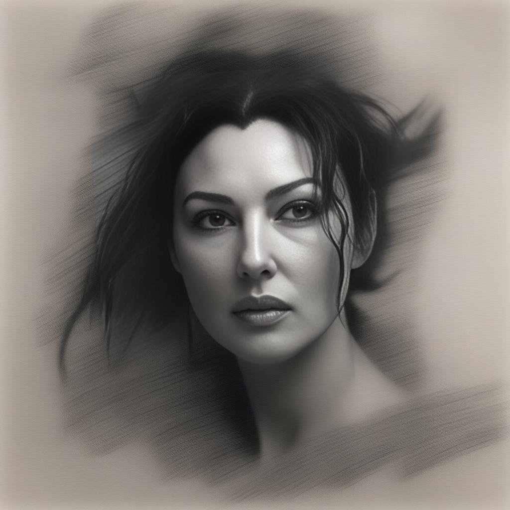 MonicaBellucci, [art by Jan Urschel,art by Annibale Carracci::14], photograph, Labyrinthine Female of Victory, Cloudy hair, Ashkenazi One-Eyed, Sketch, film grain, Nikon d3300, Depth of field 270mm,  <lora:MonicaBellucci,SDXL:1>