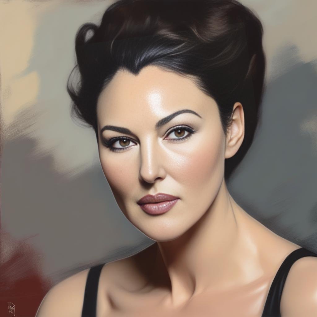 MonicaBellucci,<lora:MonicaBellucci,SDXL:1>  (art by Kubisi Art:0.7) , (art by Tom McGuinness:0.9) , [portrait,close up of a Scandinavian Girl, Directing a TV show, Masculine Pose, Vile hair styled as Chignon, Hopeful, L USM::8]