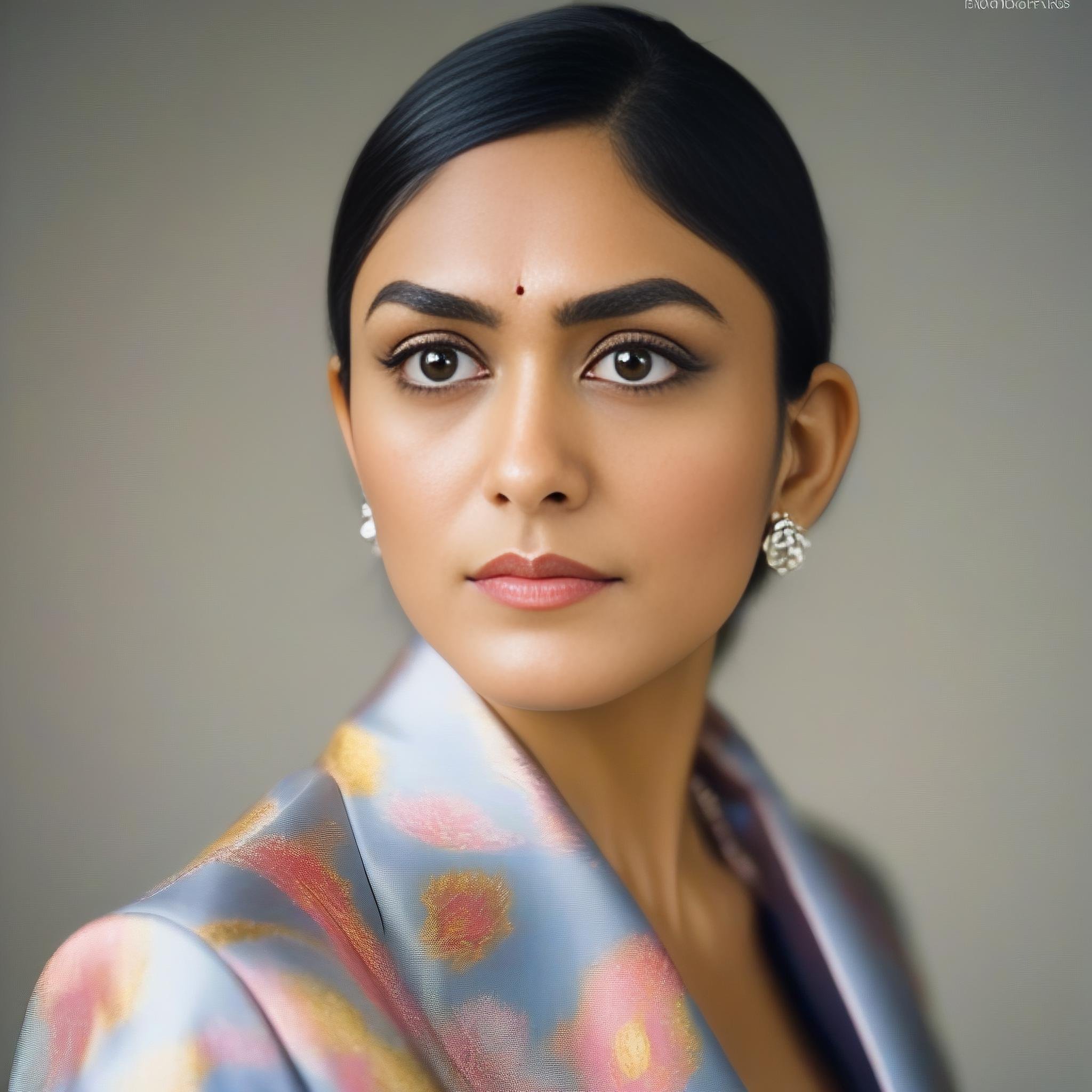 (MrunalThakur) , photograph, American Impressionism, Zany Boring Female, wearing clothes designed by Prada, royal pose, Resonant Pocket Square, shallow depth of field, Canon RF, Depth of field 100mm, overlapping compositions, glittering,  <lora:MrunalThakurSDXL:1>