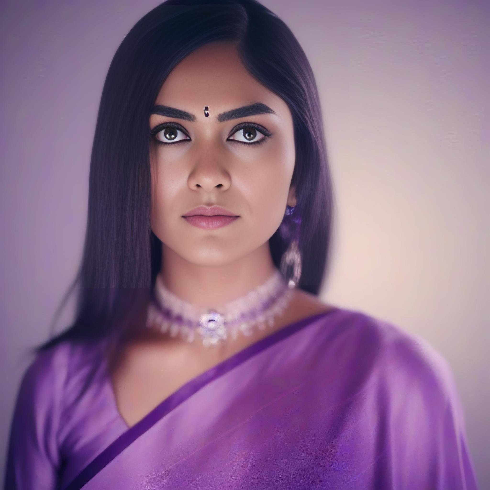 (MrunalThakur) , (art by Ruan Jia:0.8) , photograph, establishing shot of a Stirring buxom Woman, Accomplished Silver hair, Glowing Violet Eyes, Hair Ribbons, Bathed in shadows, film grain, Phase One XF IQ4 150MP, 800mm lens, 4K, beautiful,  <lora:MrunalThakurSDXL:1>