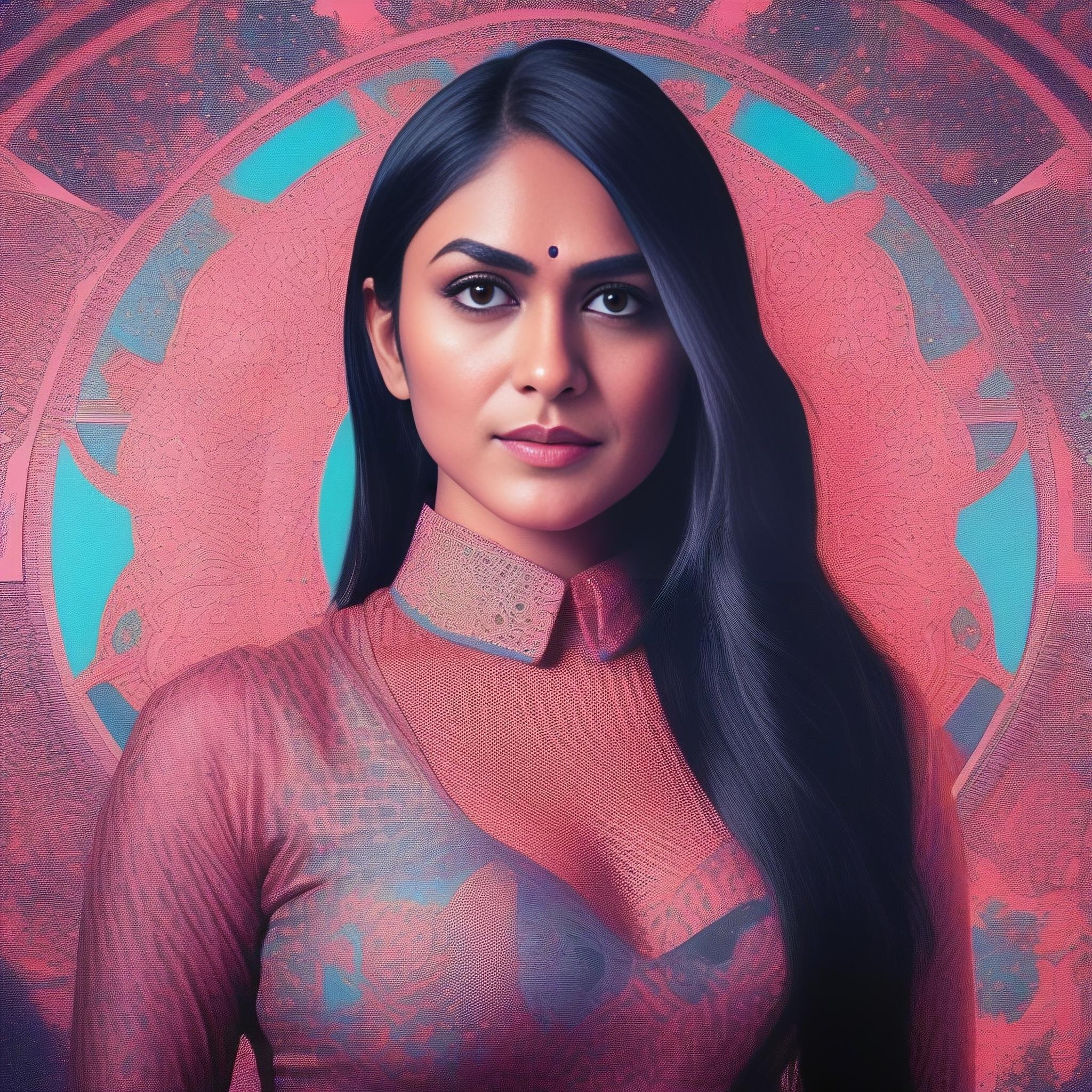 (MrunalThakur) , (art by Tristan Eaton:0.7) , photograph, Victorian Female, Personal trainer, Screen print, Pointillism, Neon Light, film grain, Phase One XF IQ4 150MP, F/14,  <lora:MrunalThakurSDXL:1>