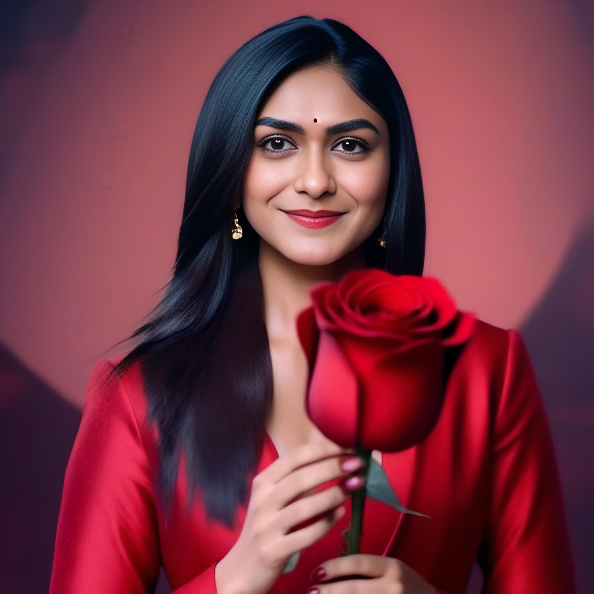 (MrunalThakur)<lora:MrunalThakurSDXL:1>  Photo of MrunalThakur wearing a suit holding red rose at the camera, cinematic lighting, sexy pose