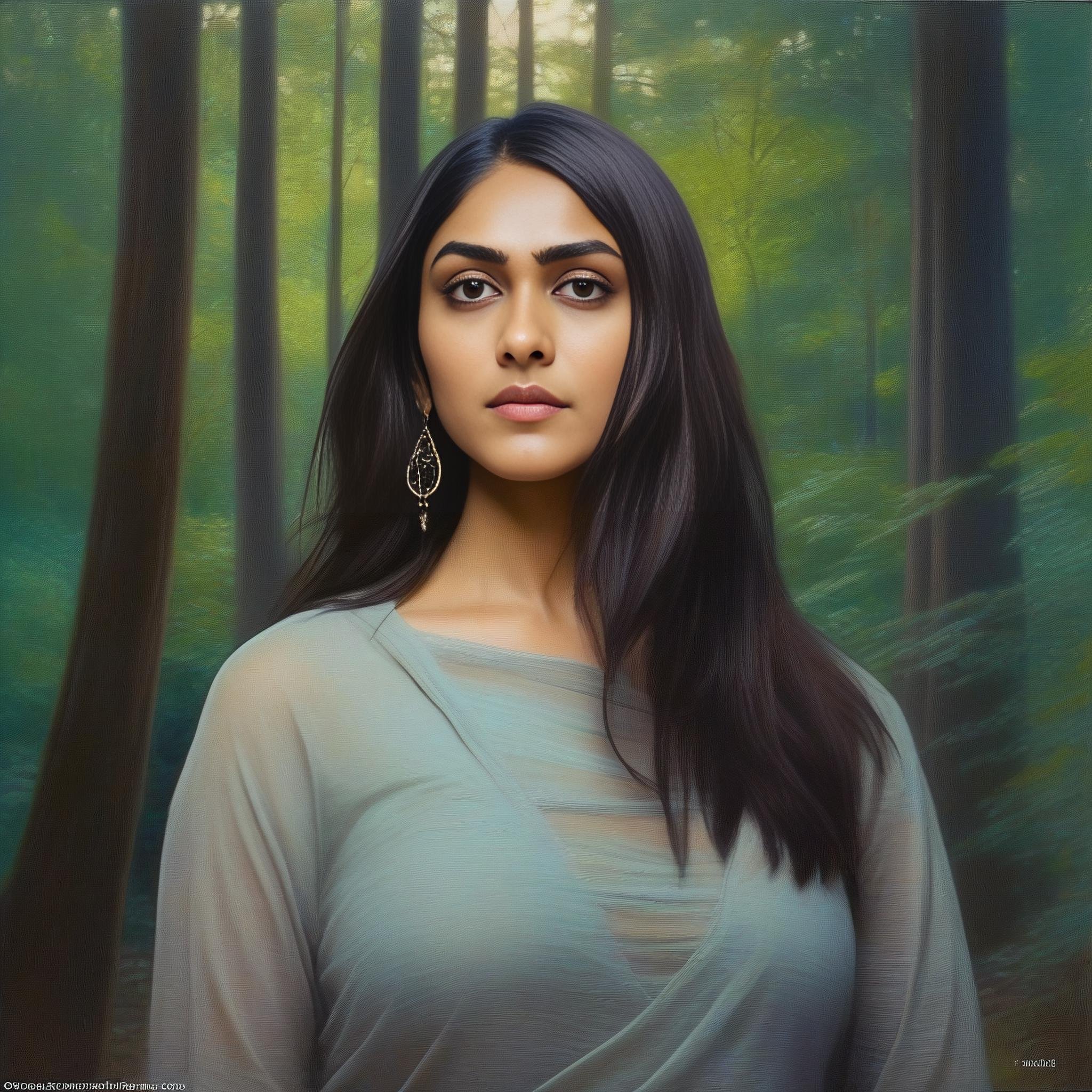 (MrunalThakur) , art by John William Waterhouse, photograph, Electroluminescent Hip-Hop Female, Yogi, [forest|trees], at Twilight, compact camera, Circular polarizer,  <lora:MrunalThakurSDXL:1>