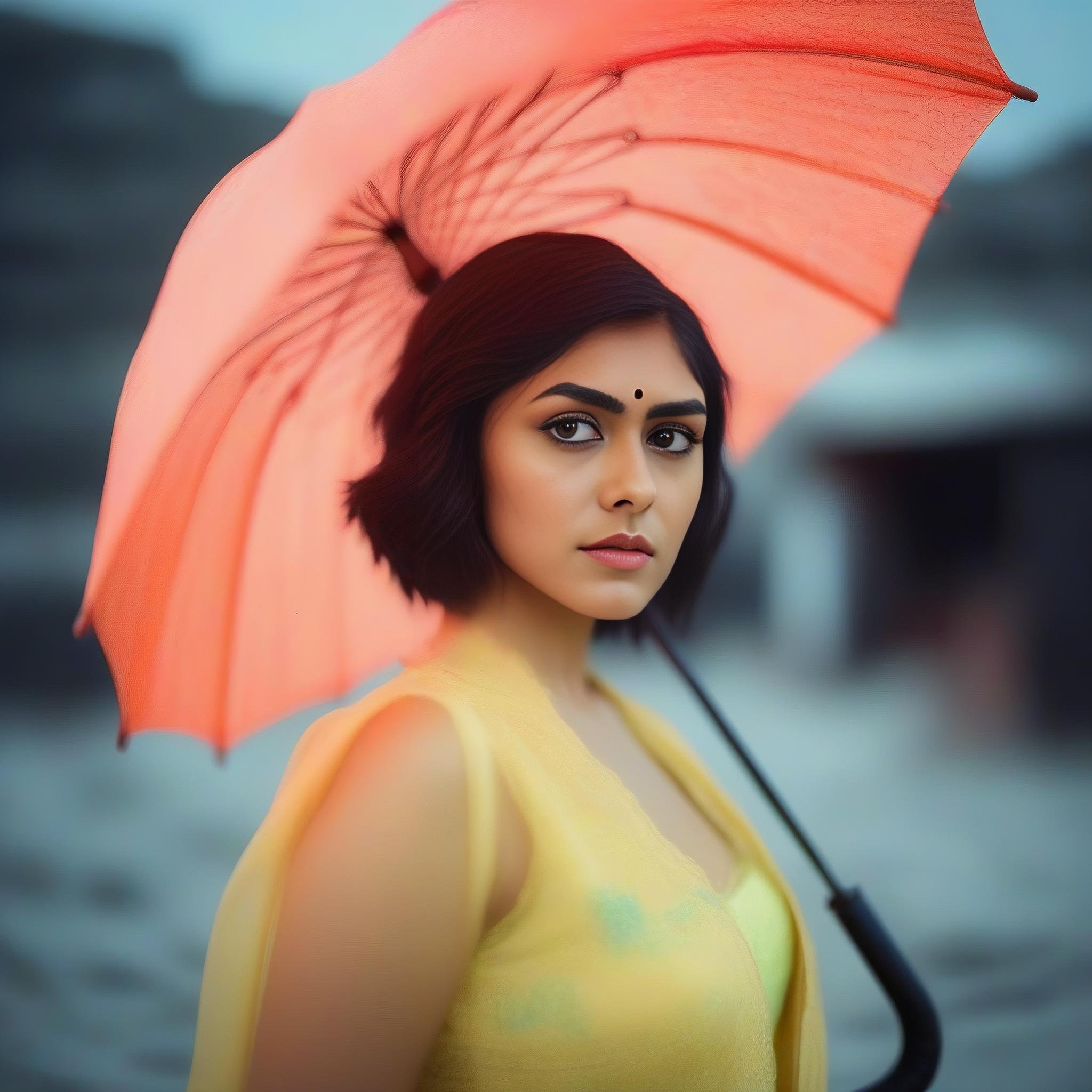 (MrunalThakur) , photograph, Dutch angle shot of a Vintage Girl, fluorescent and DayGlo Low fade hairstyle, Belle Époque Umbrella, [lava pit|beach], deep focus, Grim, avant-garde, film grain, Canon 5d mark 4, Low shutter,  <lora:MrunalThakurSDXL:1>