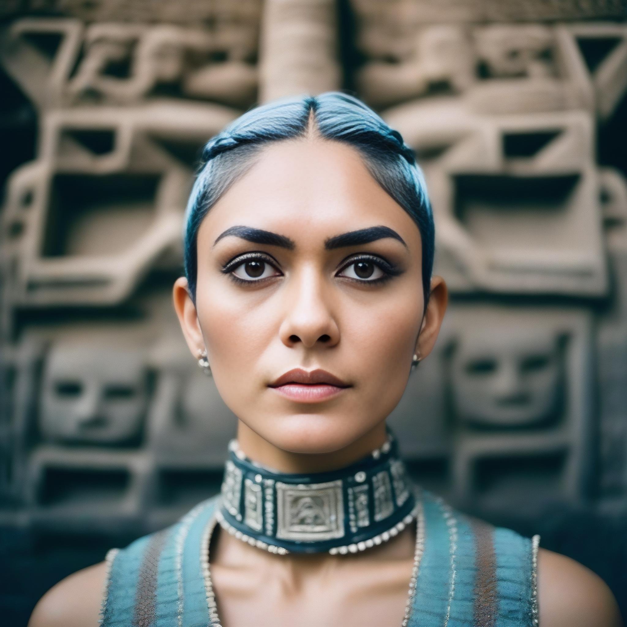 (MrunalThakur) , photograph, Cyborg flyweight Cossack Female, Two-Tone hair, Underwater Undercut hairstyle, from inside of The Pyramids of Teotihuacan, Winter, FOV 90 degrees, Dragonpunk, film grain, Sony A7, 35mm, three colors,  <lora:MrunalThakurSDXL:1>