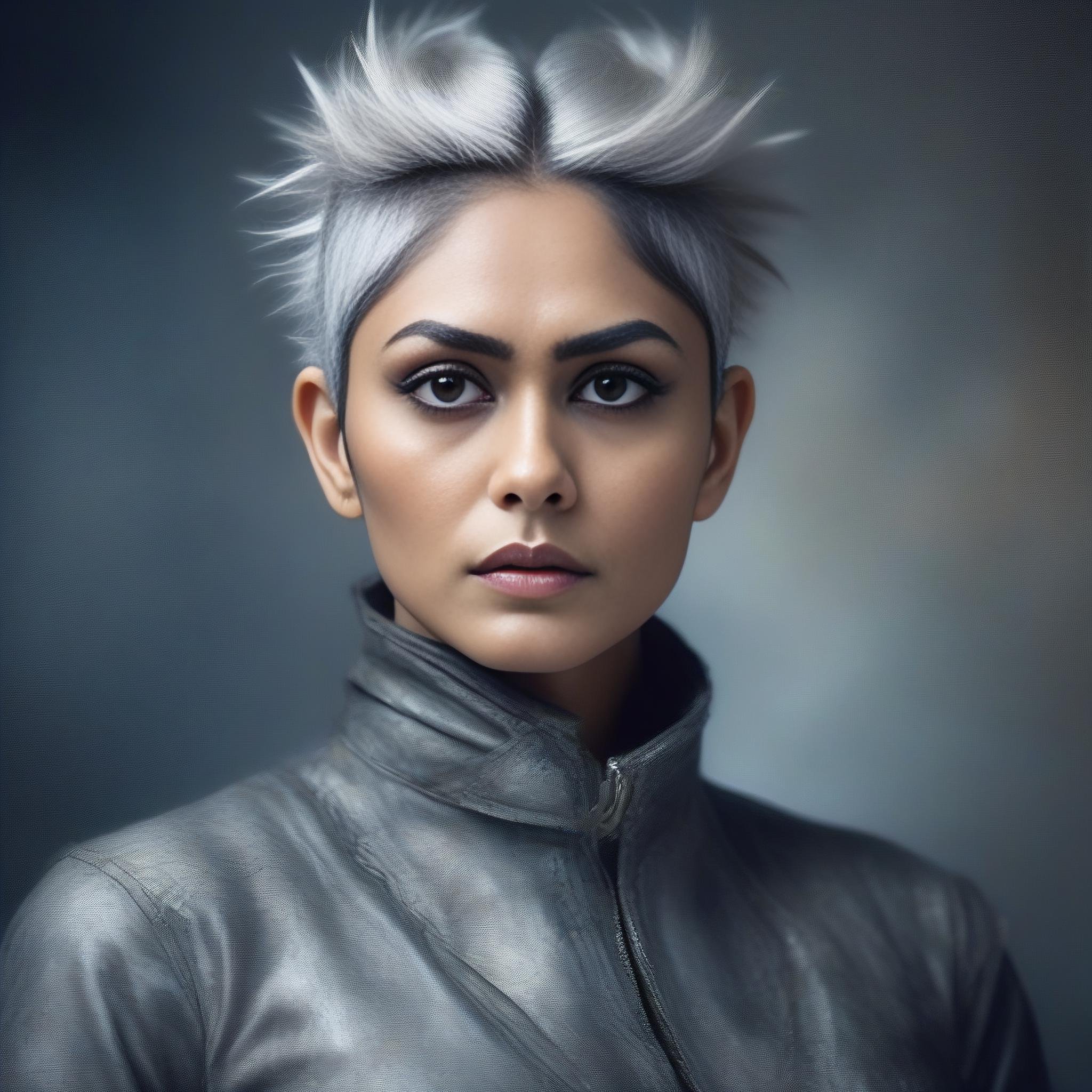 (MrunalThakur) , (art by John Constable:1.3) ,art by Tomasz Alen Kopera, photograph, [Doubtful|Refined] Sci-fi Female, wearing Ludicrous Polyurethane Cotehardie, Gray hair styled as Faux hawk, Winter, Evil, film grain, Hasselblad, L USM,  <lora:MrunalThakurSDXL:1>