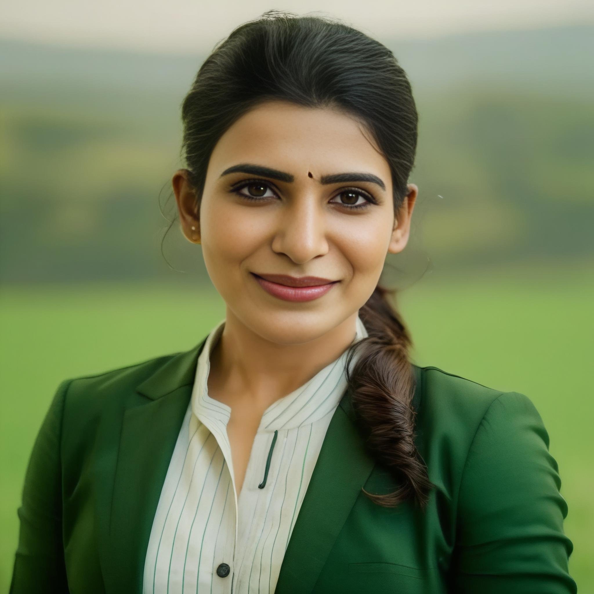 (SamanthaRuthPrabhu)<lora:SamanthaRuthPrabhuSDXL:1> a photo of SamanthaRuthPrabhu, woman standing in a suit and tie, smile, detailed skin, cinematic, green field in the background