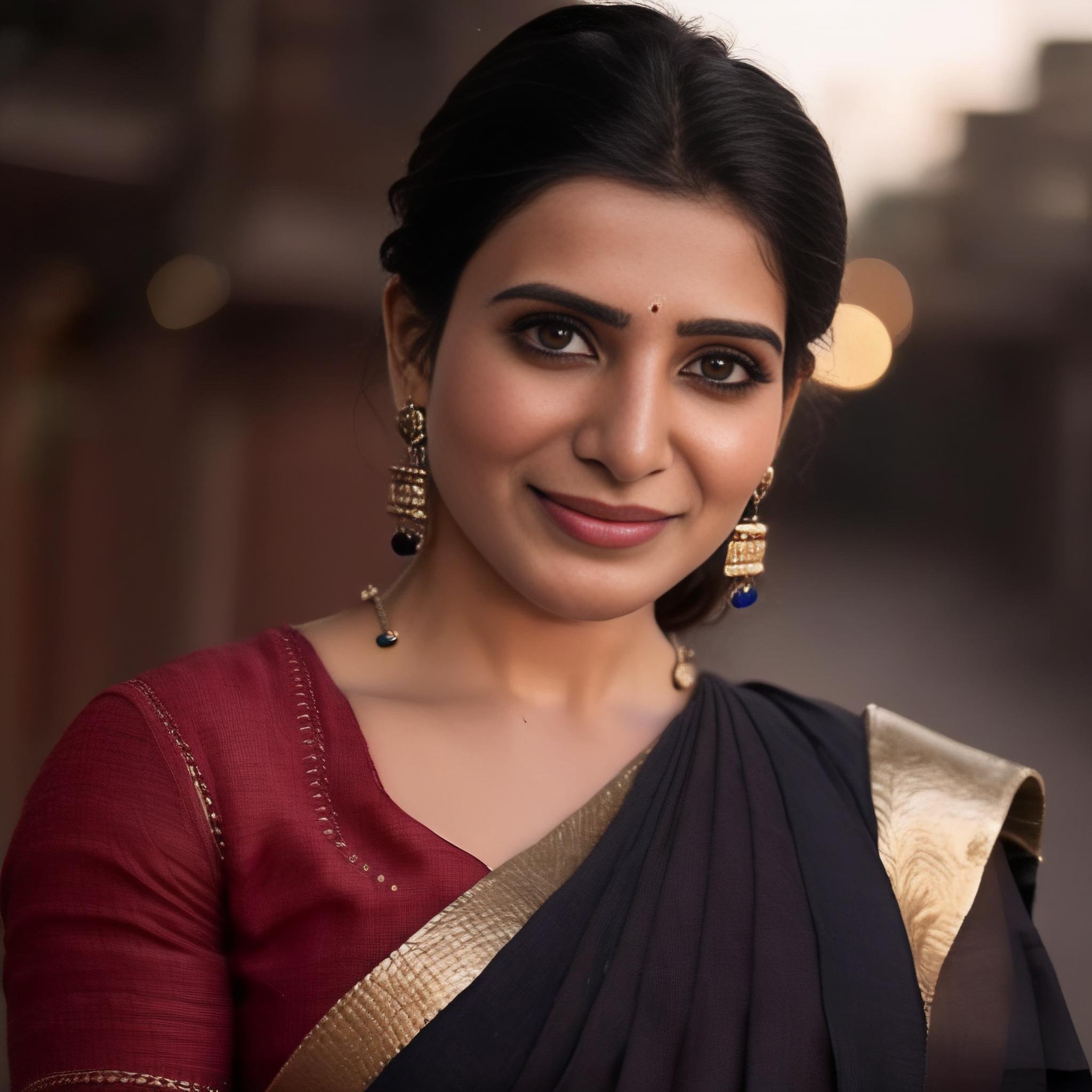 (SamanthaRuthPrabhu)<lora:SamanthaRuthPrabhuSDXL:1>  photo of SamanthaRuthPrabhu smiling standing in a dark alleyway, wearing traditional indian dress, cinematic lighting, hero pose