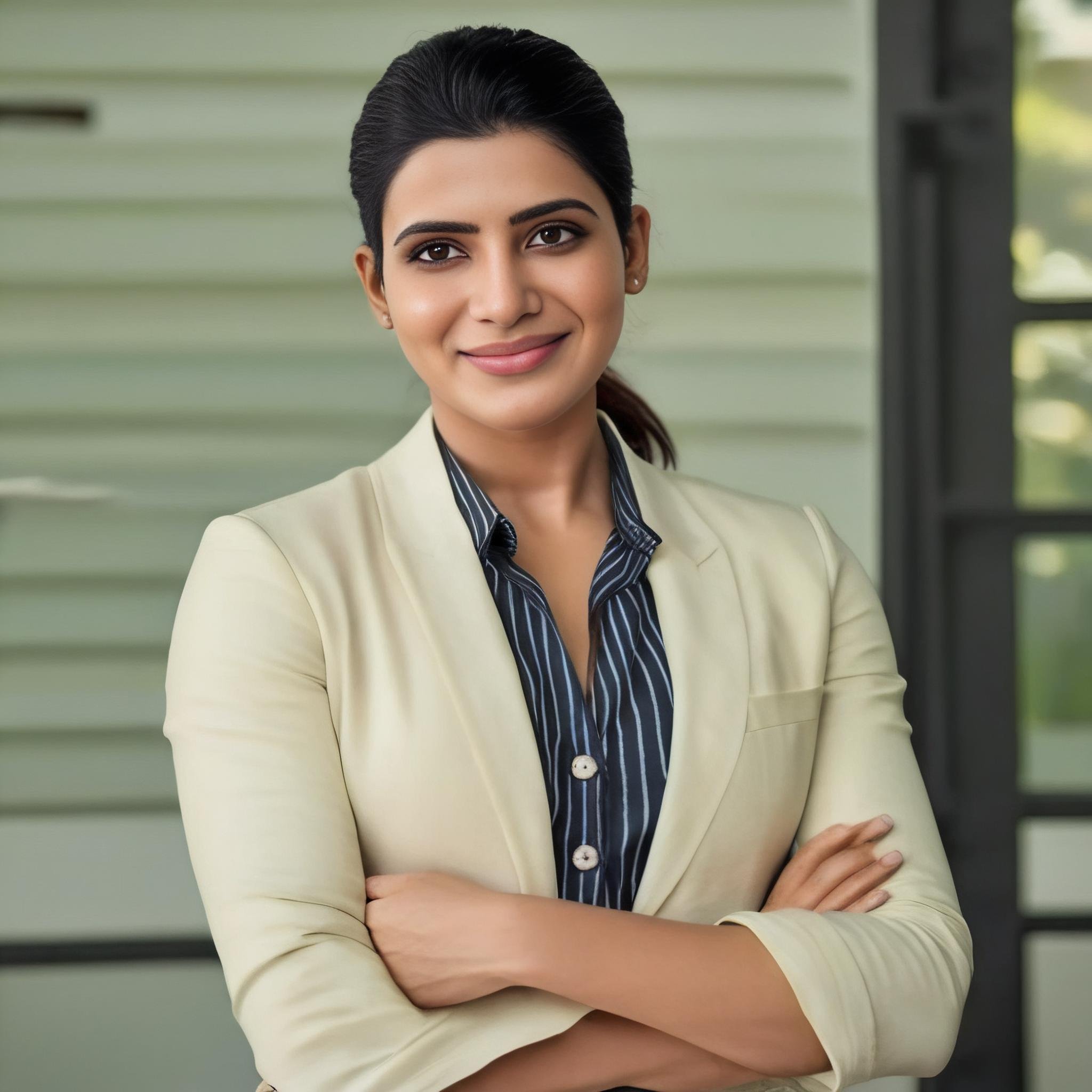 (SamanthaRuthPrabhu)<lora:SamanthaRuthPrabhuSDXL:1> a photo of SamanthaRuthPrabhu, woman standing in a suit and tie, smile, detailed skin, cinematic