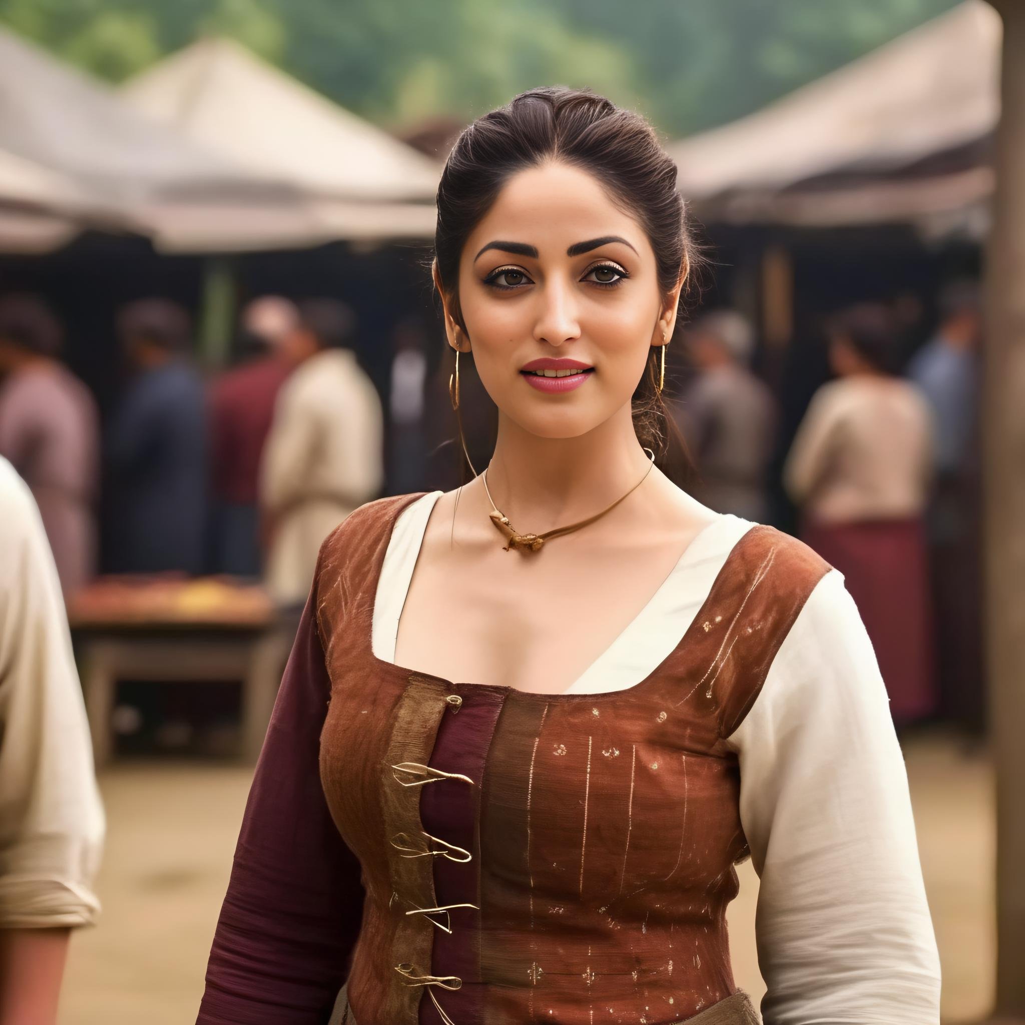 (YamiGautam)<lora:YamiGautamSDXL:1> photo of YamiGautam dressed as a medieval peasant standing at a medieval market, cinematic lighting, film still, movie still