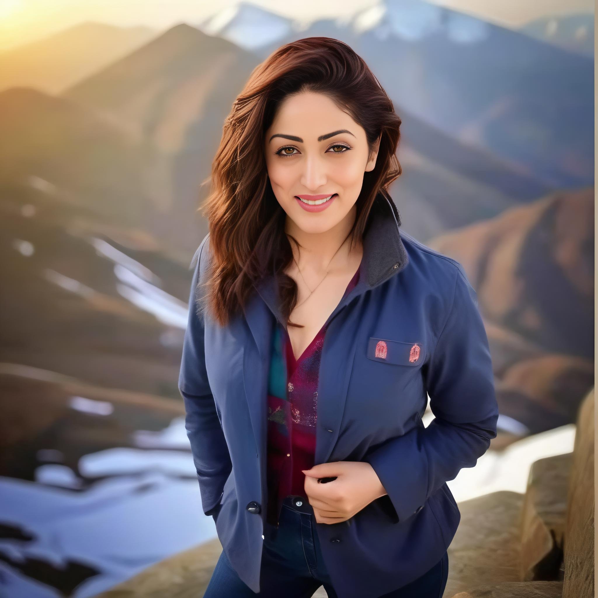 (YamiGautam)<lora:YamiGautamSDXL:1>  a photo of YamiGautam, woman, wearing a jacket, on a mountain, best quality, sunrise, high mountains