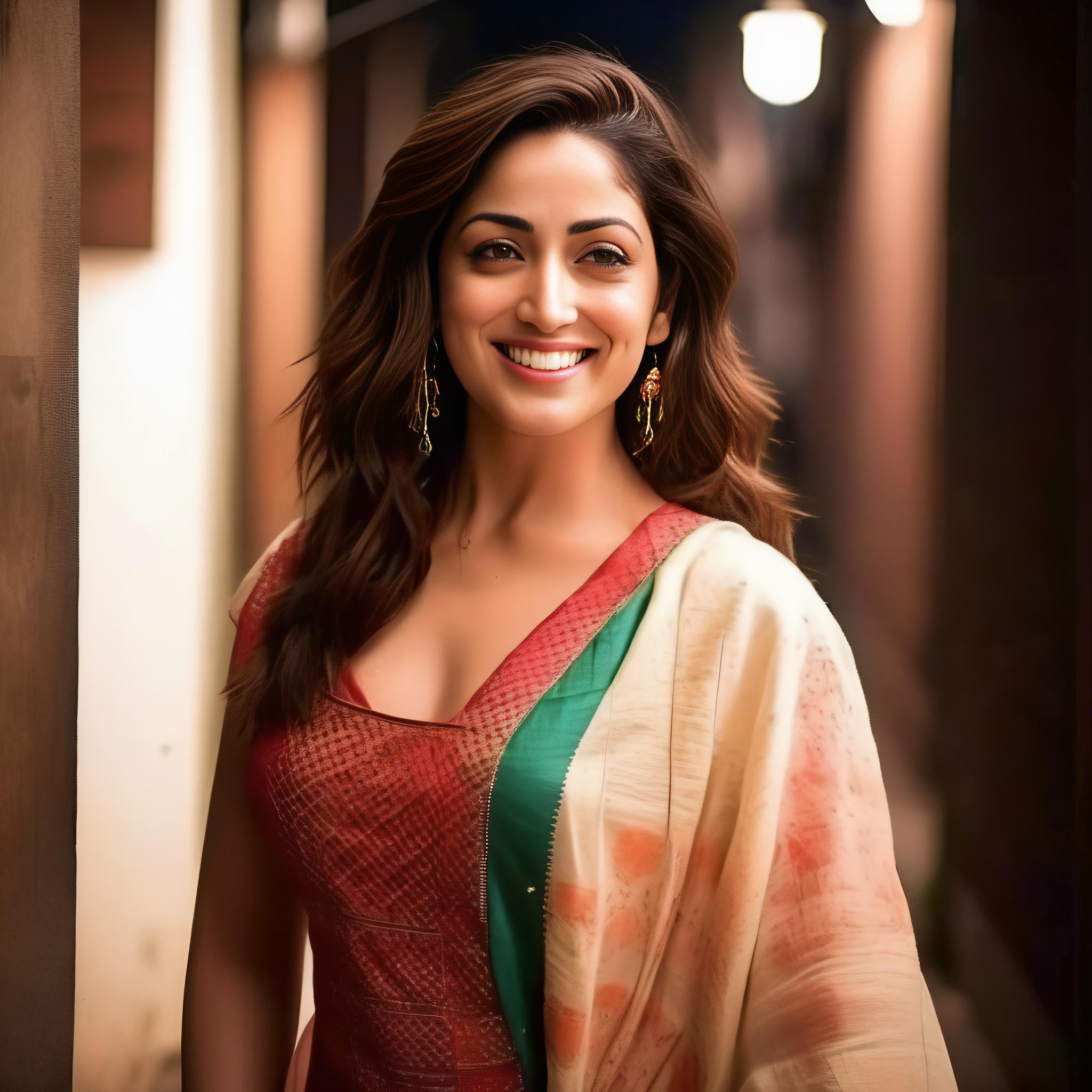 (YamiGautam)<lora:YamiGautamSDXL:1>  photo of YamiGautam smiling standing in a dark alleyway, wearing traditional indian dress, cinematic lighting, hero pose