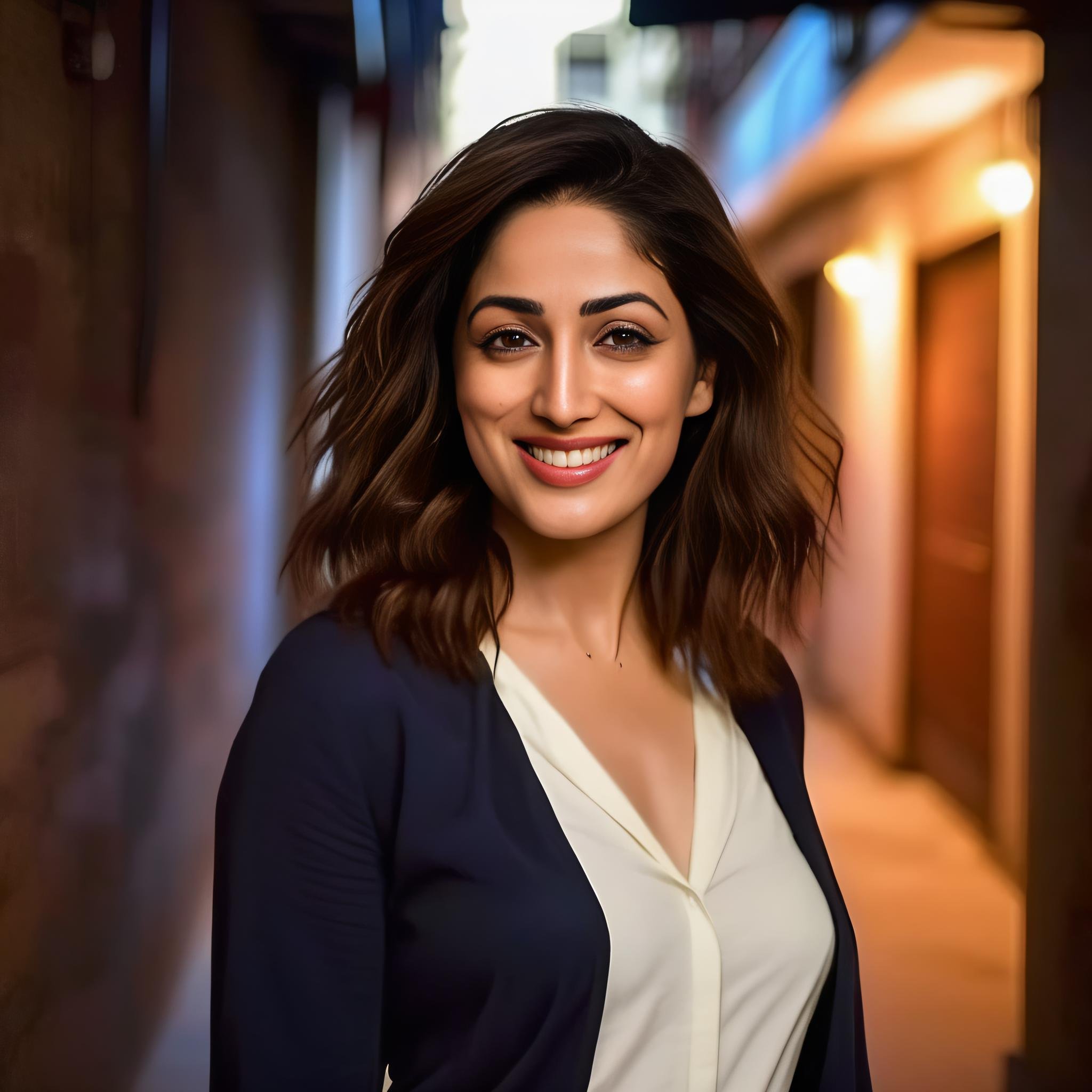 (YamiGautam)<lora:YamiGautamSDXL:1>  photo of YamiGautam smiling standing in a dark alleyway, cinematic lighting, hero pose