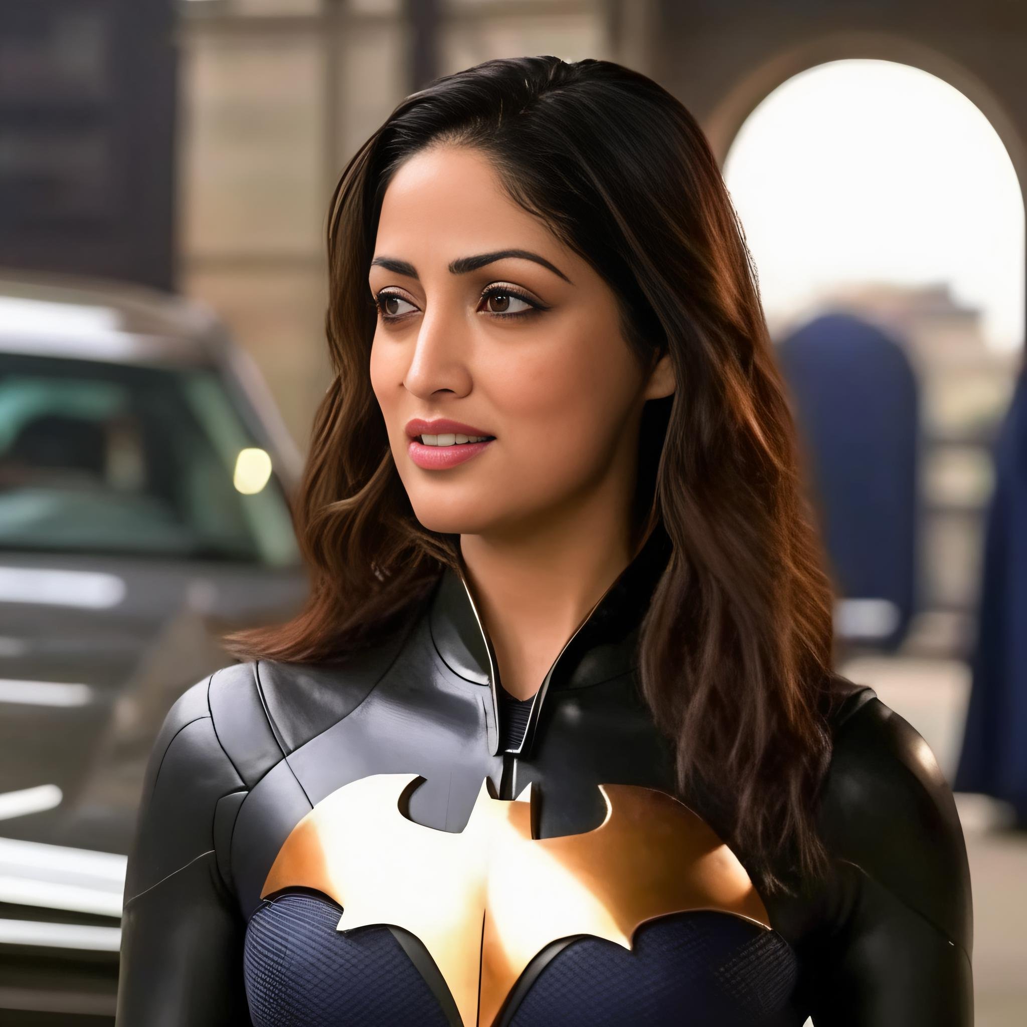 (YamiGautam)<lora:YamiGautamSDXL:1>  photo of YamiGautam  in batwoman suit, Gotham city, with clear face